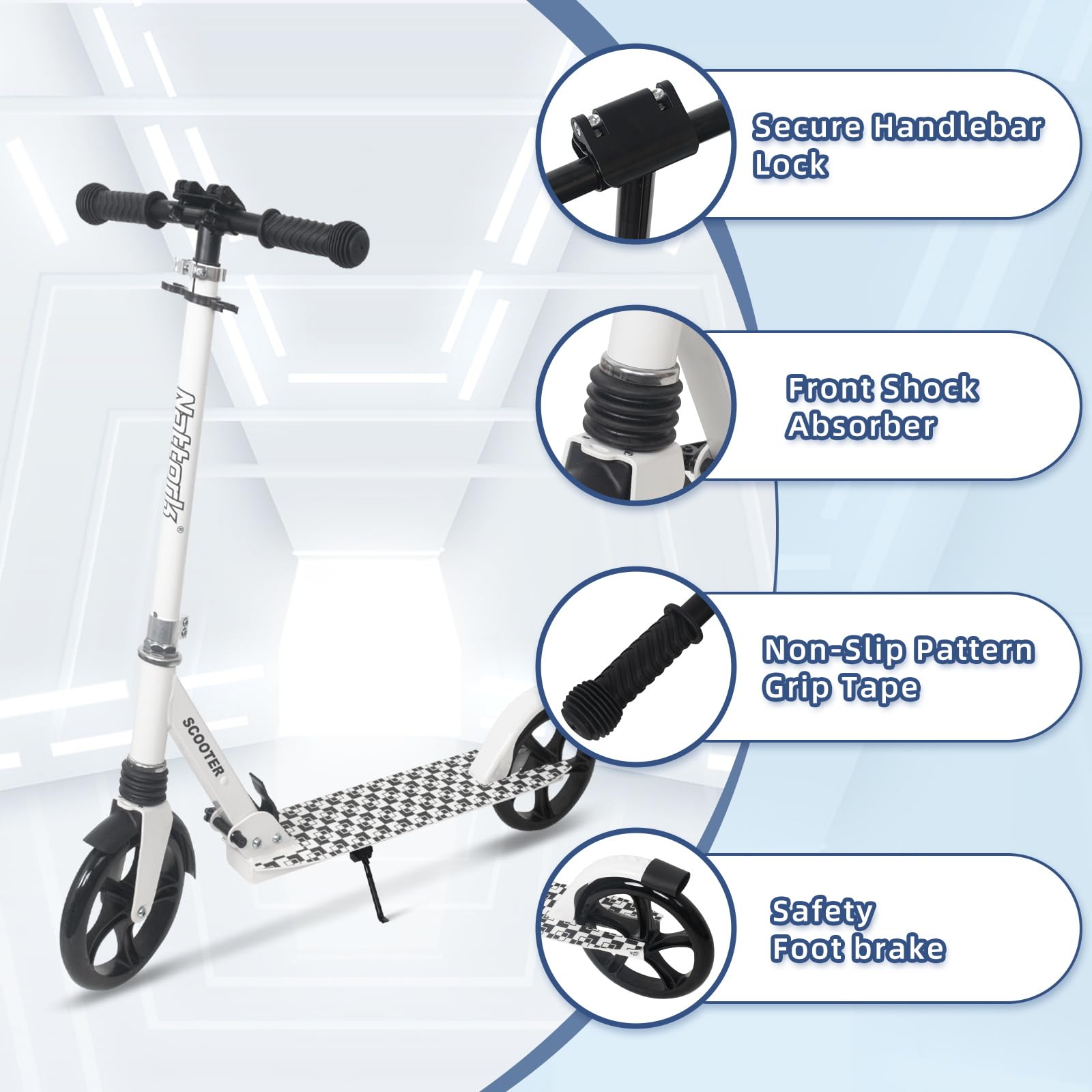 Nattork Kick Scooter for Kids 6+ Years Teens Adults - 220LB Weight Capacity, Front Shock Absorber and Adjustable Handlebar - Smooth Ride with 8" Sturdy Wheels, Ideal for Outdoor Sports White