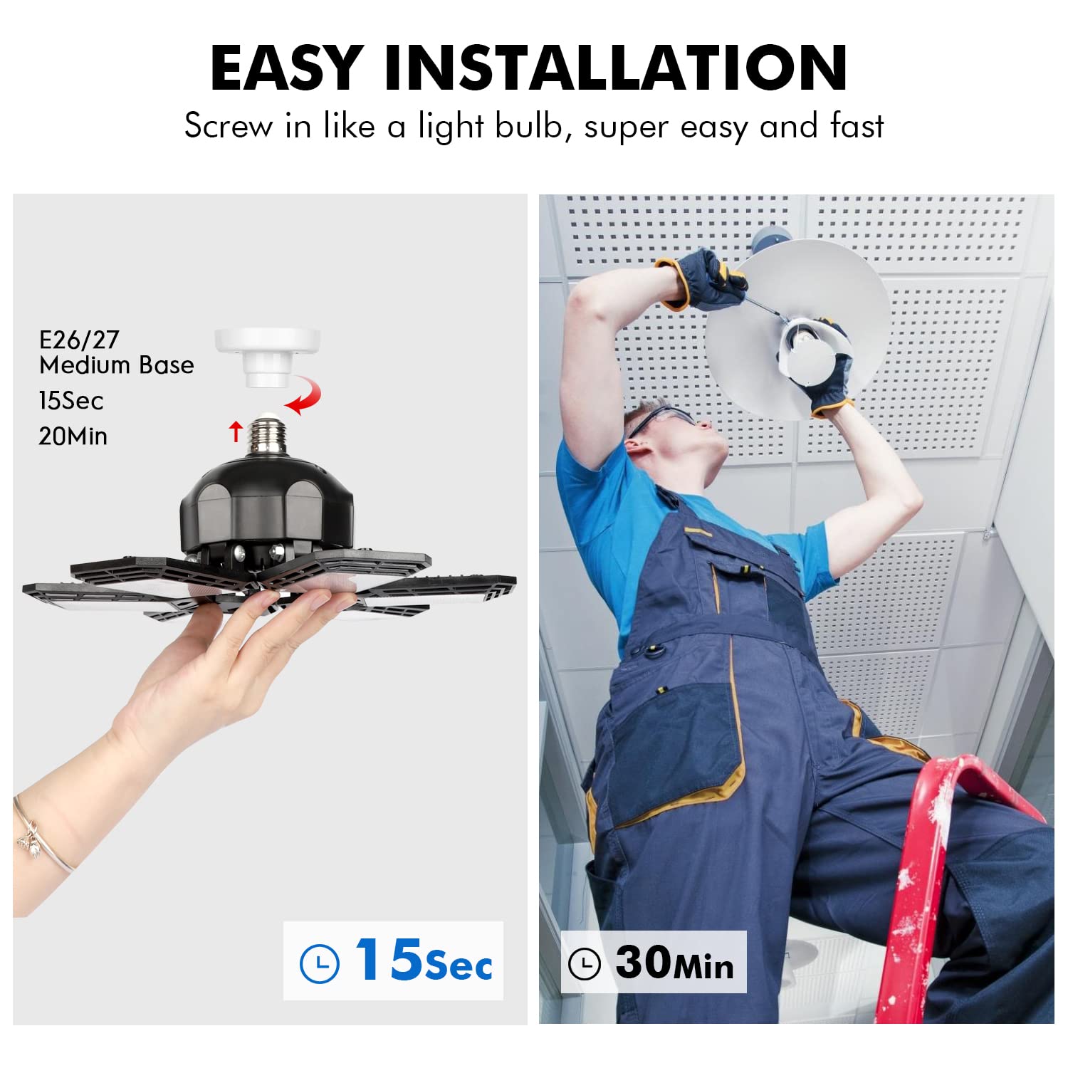 2 Pack LED Garage Lights 180W Deformable 18000LM Close to Ceiling Light Fixtures E26 E27 Screw-in Six Leaf Glow Lighting, Ultra Bright LED Shop Light with 6 Adjustable Panels for Work Shop Warehouse