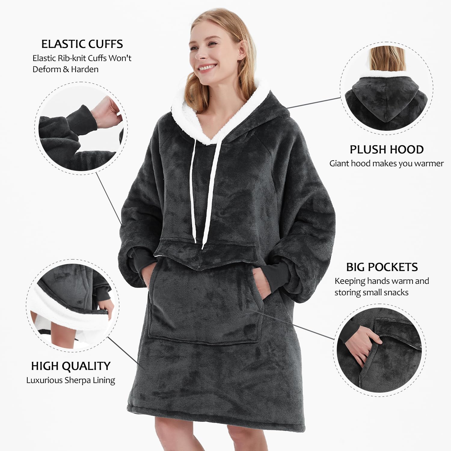 Qeils Oversized Wearable Blanket Hoodie, Comfy Sherpa Sweatshirt Pullover Jacket (Large Pocket, Dark Grey, Adult)