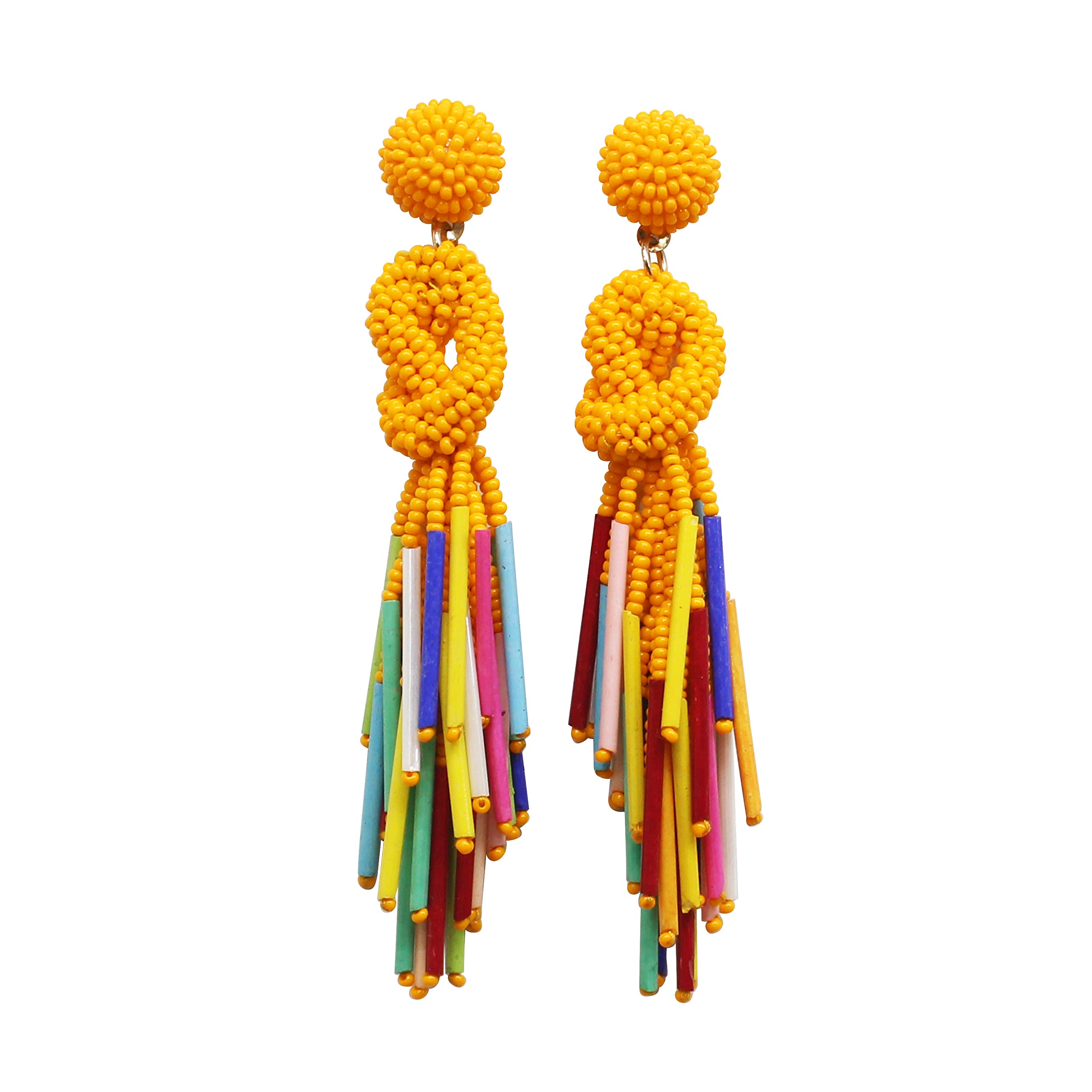 Handmade Beaded Solid Color Post Statement Earrings for Women All Season 4 inch Long (Orange Multi)