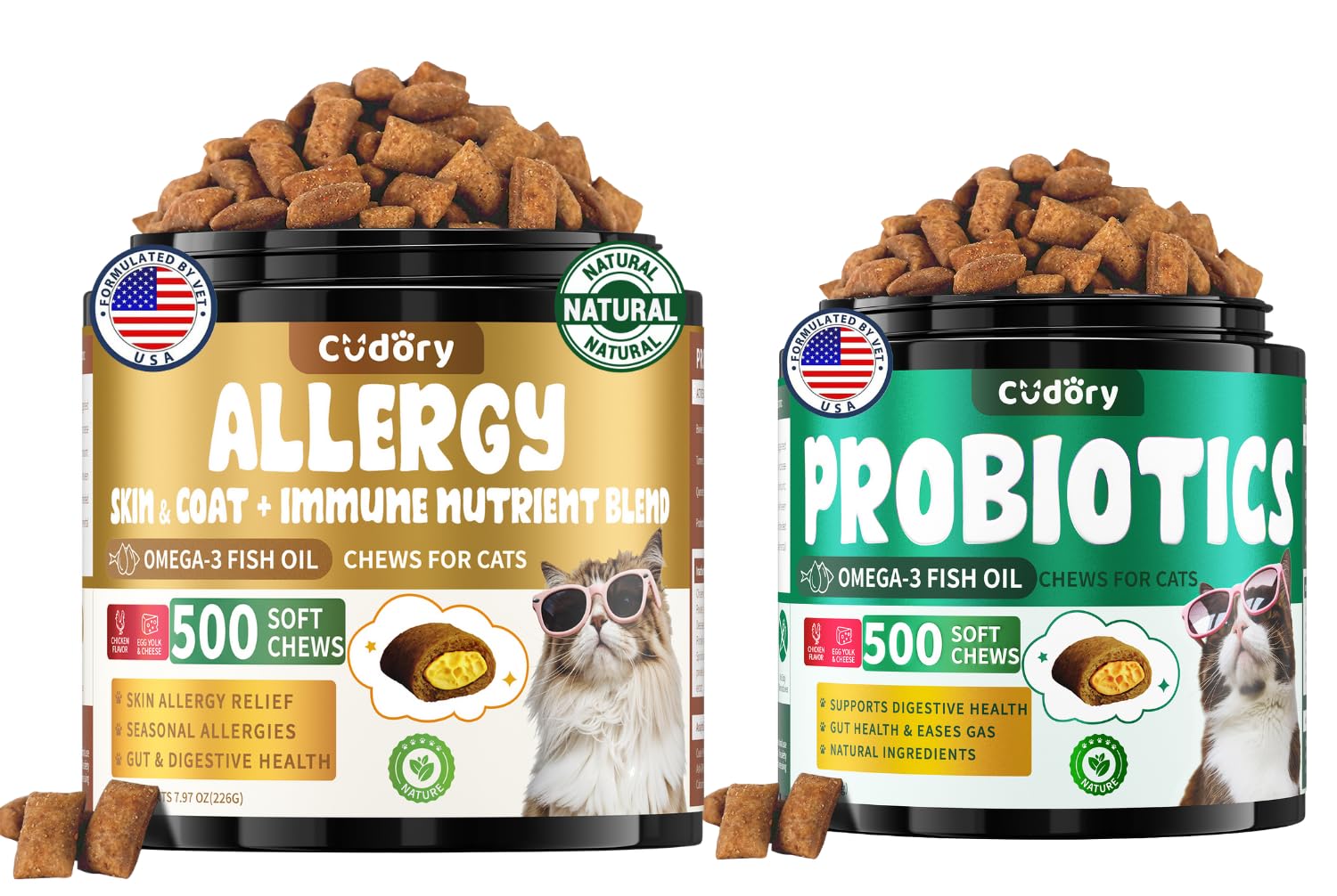 Cudory Chews for Cats Bundle-Allergy Relief for Cats+Cat Probiotics Tasty Chews for Digestive & Gut Support-Omega 3 & Probiotic Natural Cat Supplements-Chicken