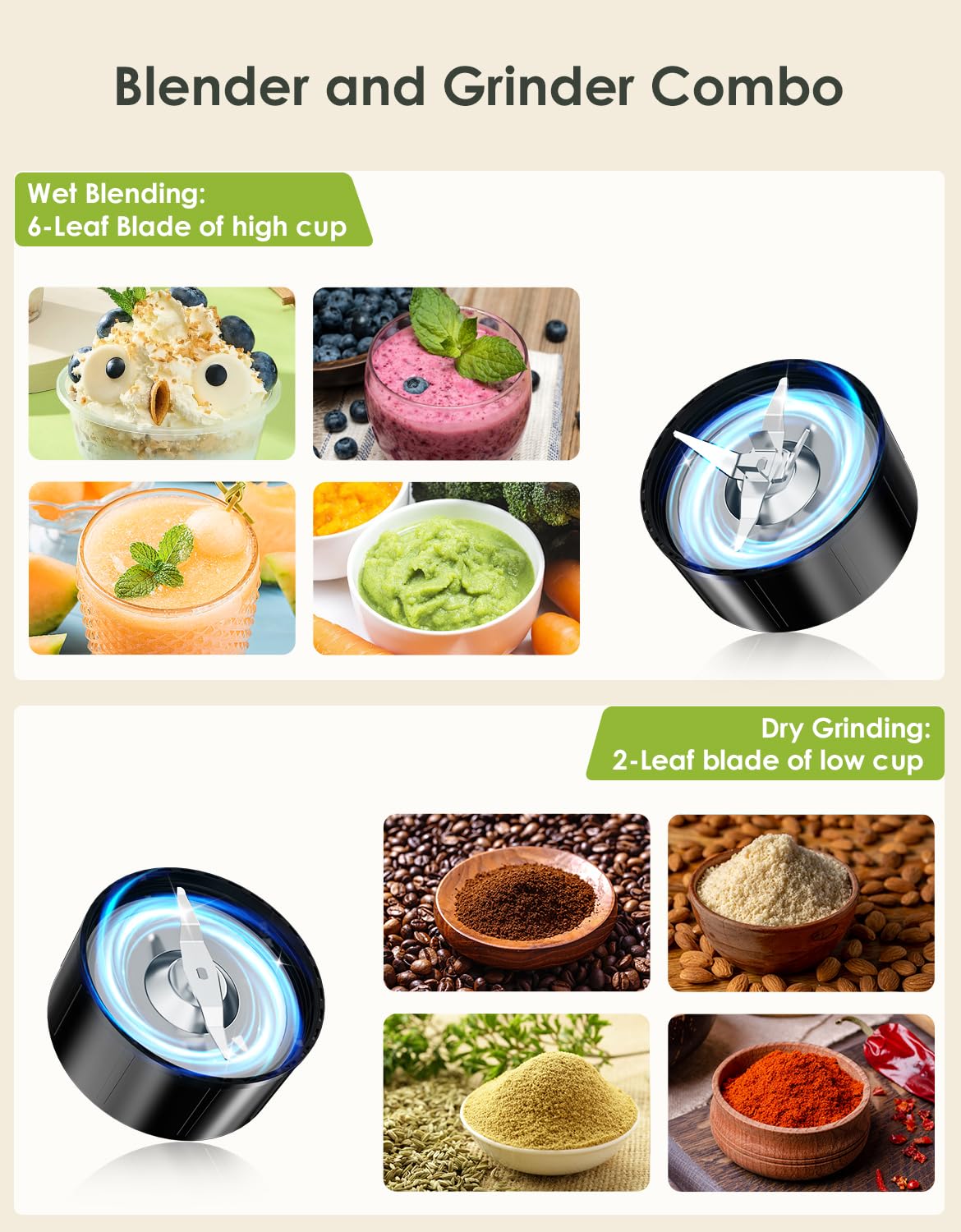 LAMPICK 1300W Smoothie Blender Bundle 1100W Blender and Grinder Combo for Kitchen