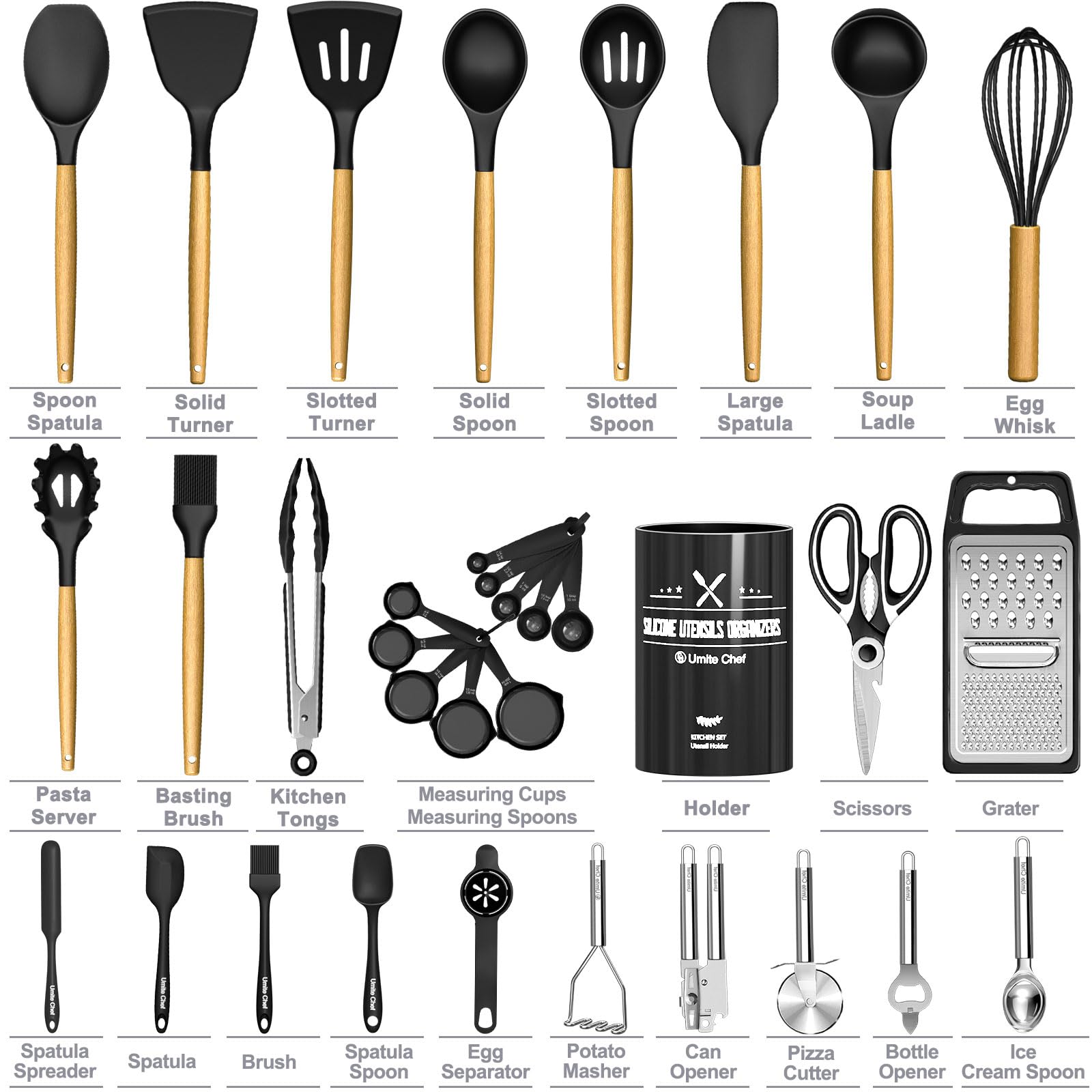 Kitchen Utensils Set- 34PCS Silicone Cooking Utensils with Holder, Umite Chef Heat Resistant Kitchen Utensil Spatula Set for Nonstick Cookware, Black Wooden Handles Kitchen Gadgets Tools Set