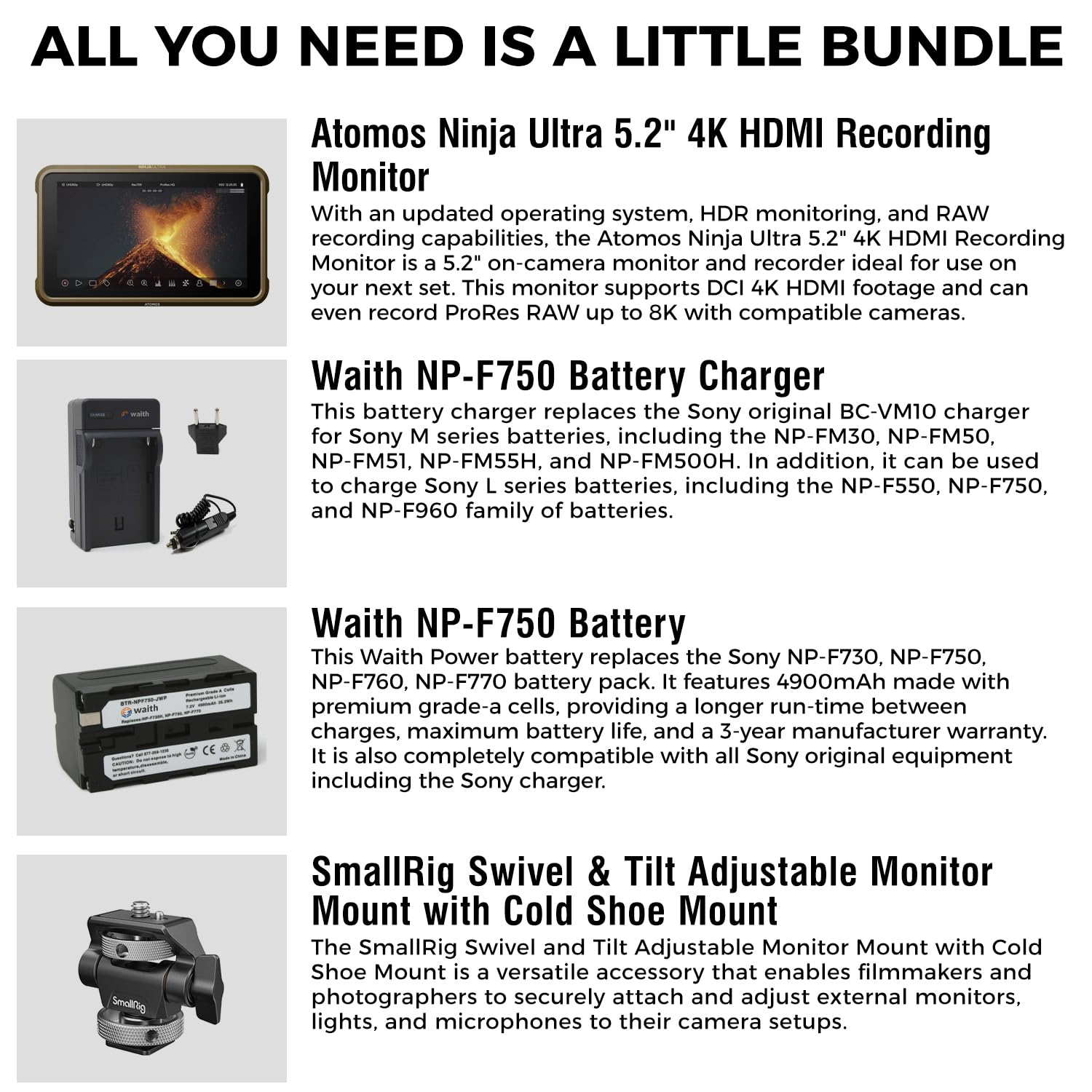 Atomos Ninja Ultra 5.2" Touchscreen Display 4K HDMI Recording Monitor with Power Battery + Charger Combo (NP-F750), Swivel and Tilt Adjustable Monitor Mount Bundle Set