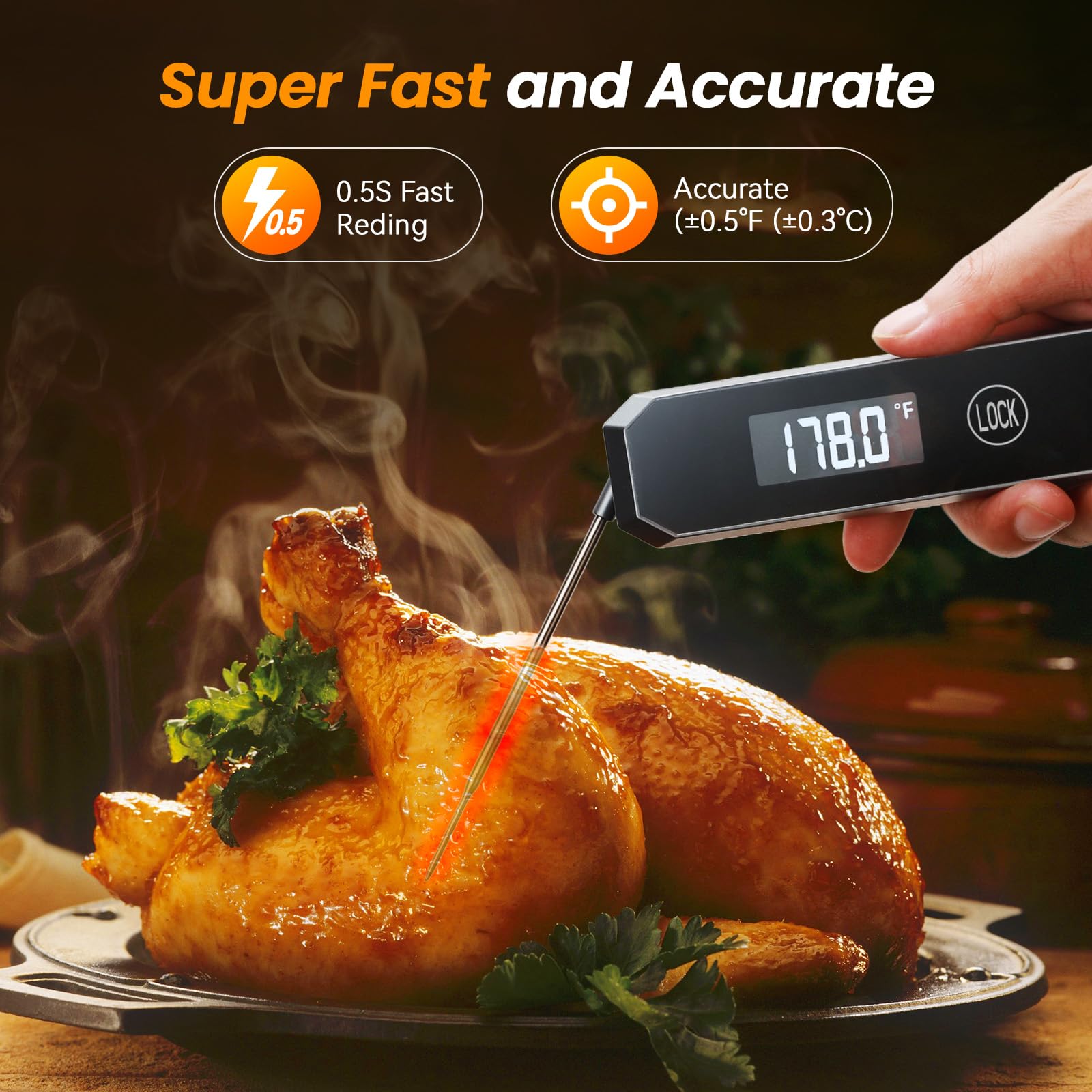 Meat Thermometer Digital, 0.5 Sec Instant Read Thermometer with High Accuracy(±0.5°F), 180°Rotating Display for Turkey Beef Lamb, Food Thermometer for Roast, Oven, Grill, BBQ, Smoker