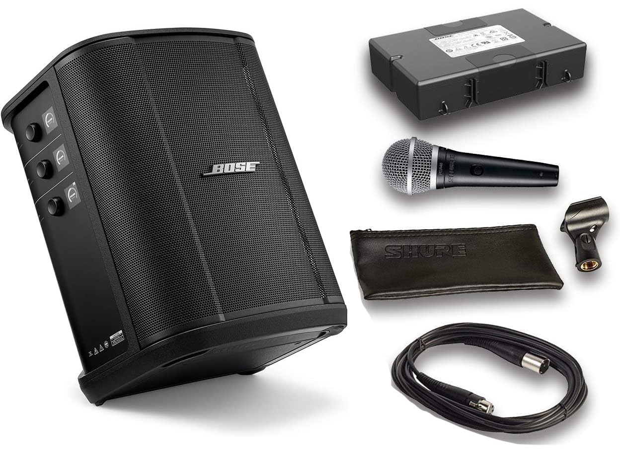 Bose S1 Pro Plus Bluetooth Speaker System Bundle with Battery, Shure PGA48 Microphone, 15ft XLR Audio Cable (6 items)