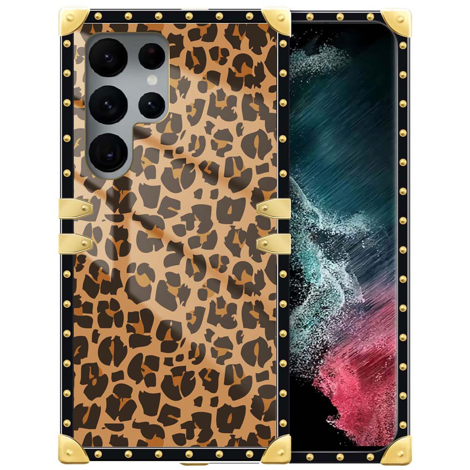 Goodsprout Compatible with Samsung Galaxy S22 Ultra,Brown Leopard Texture Pattern Golden Edge Protection Square Soft TPU Shockproof Protective Hard PC Back Samsung Galaxy S22 Ultra