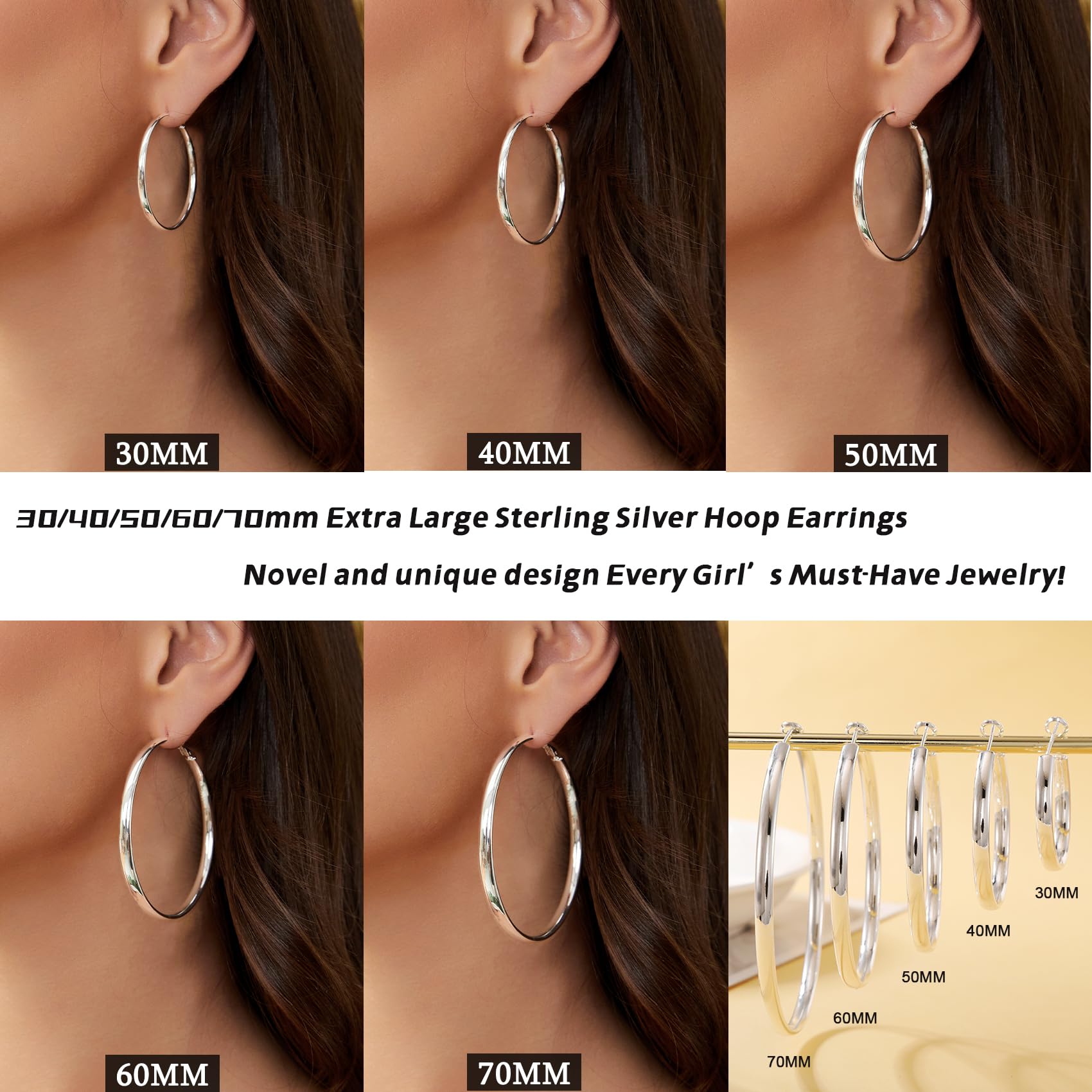 Senteria 4MM Wide Large Silver Hoop Earrings, Hypoallergenic 925 Silver Hoop Earrings Fashion Lightweight Oversize Silver Hoop Earrings for Women Girls Christmas Gift 50MM