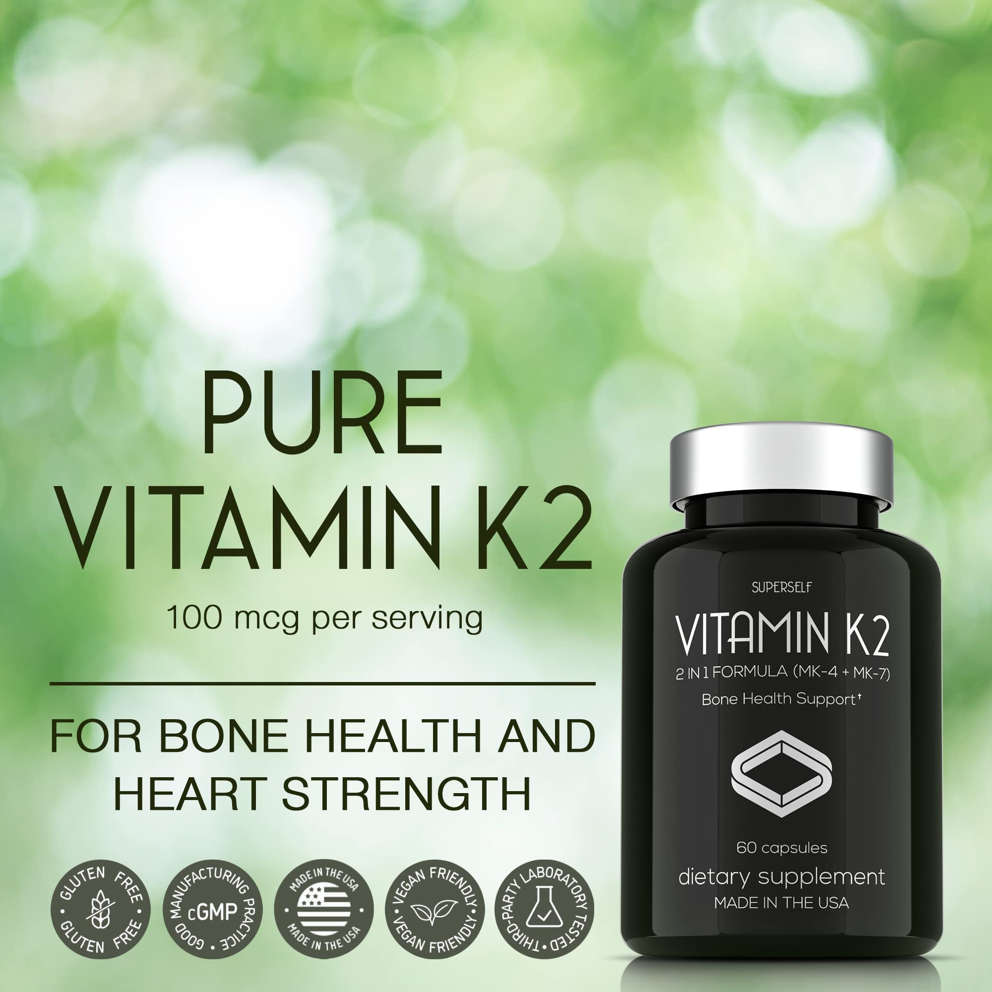 Vitamin K2 Capsules 100 mcg - Vitamin K Complex MK-7 & MK-4-60 Capsules - Vit K2 2 in 1 Formula High Strength Supplement MK7 MK4 - Made in USA - Vegan & Non-GMO