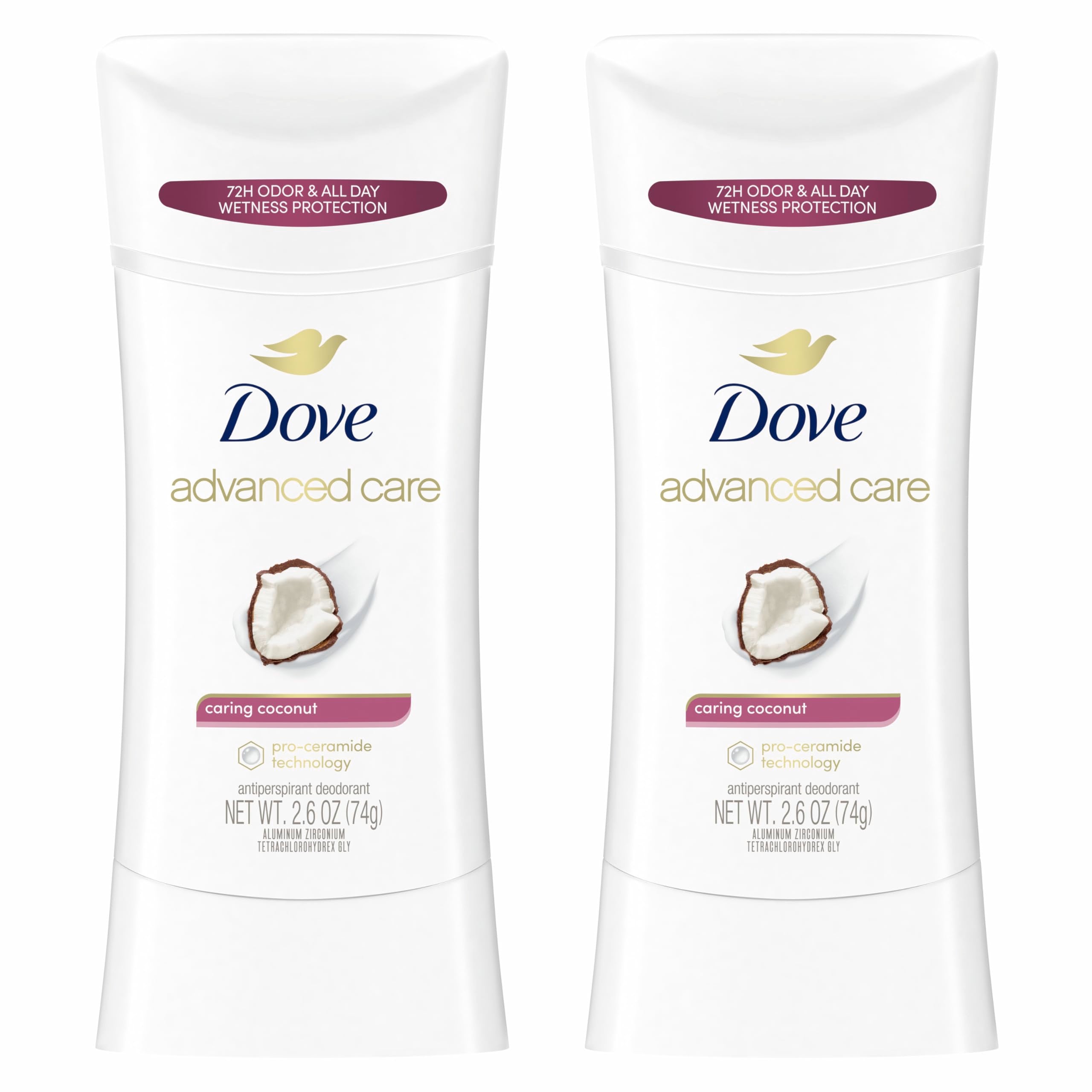 Dove Advanced Care Antiperspirant Caring Coconut, 2 Count Deodorant Stick for Women, for 48 Hour Protection And Soft And Comfortable Underarms, 2.6 oz