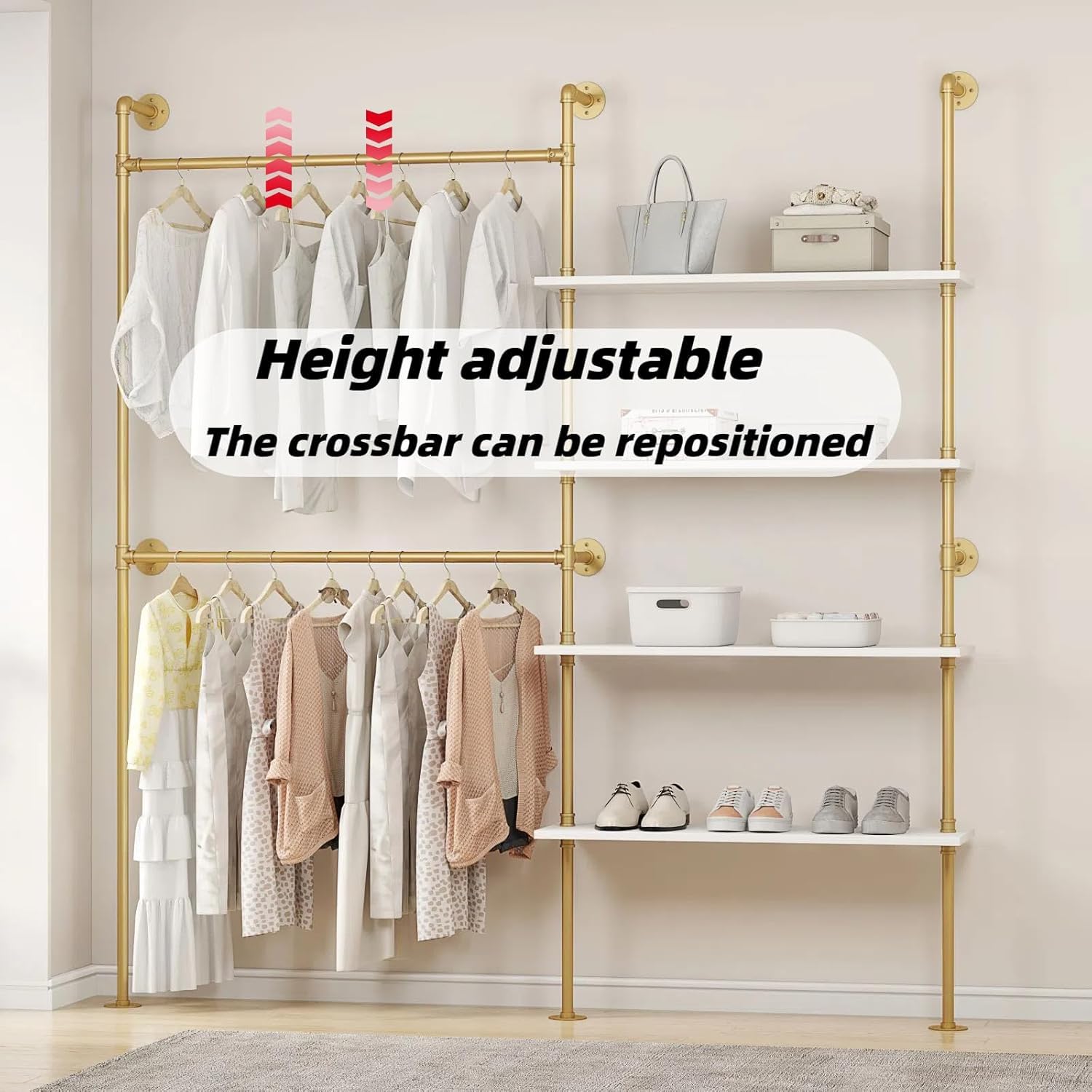 Woskar Industrial Pipe Clothing Rack, Hanging Rods Clothes Rack with Shelves, Clothes Rack for Wardrobe, Corner Closet System for Walk in Closets (Gold)
