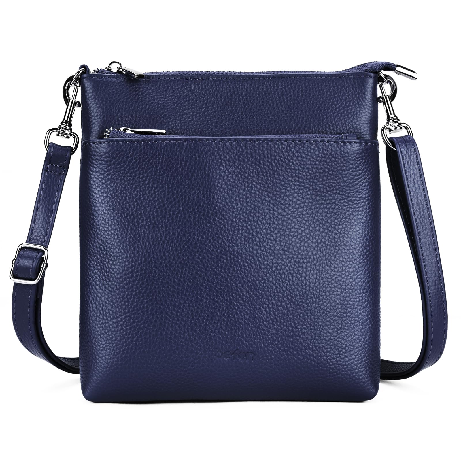befen Small Navy Blue Genine Leather Crossbody Purses for Woman Travel Shoulder Bags with Multiple Zipper Pockets