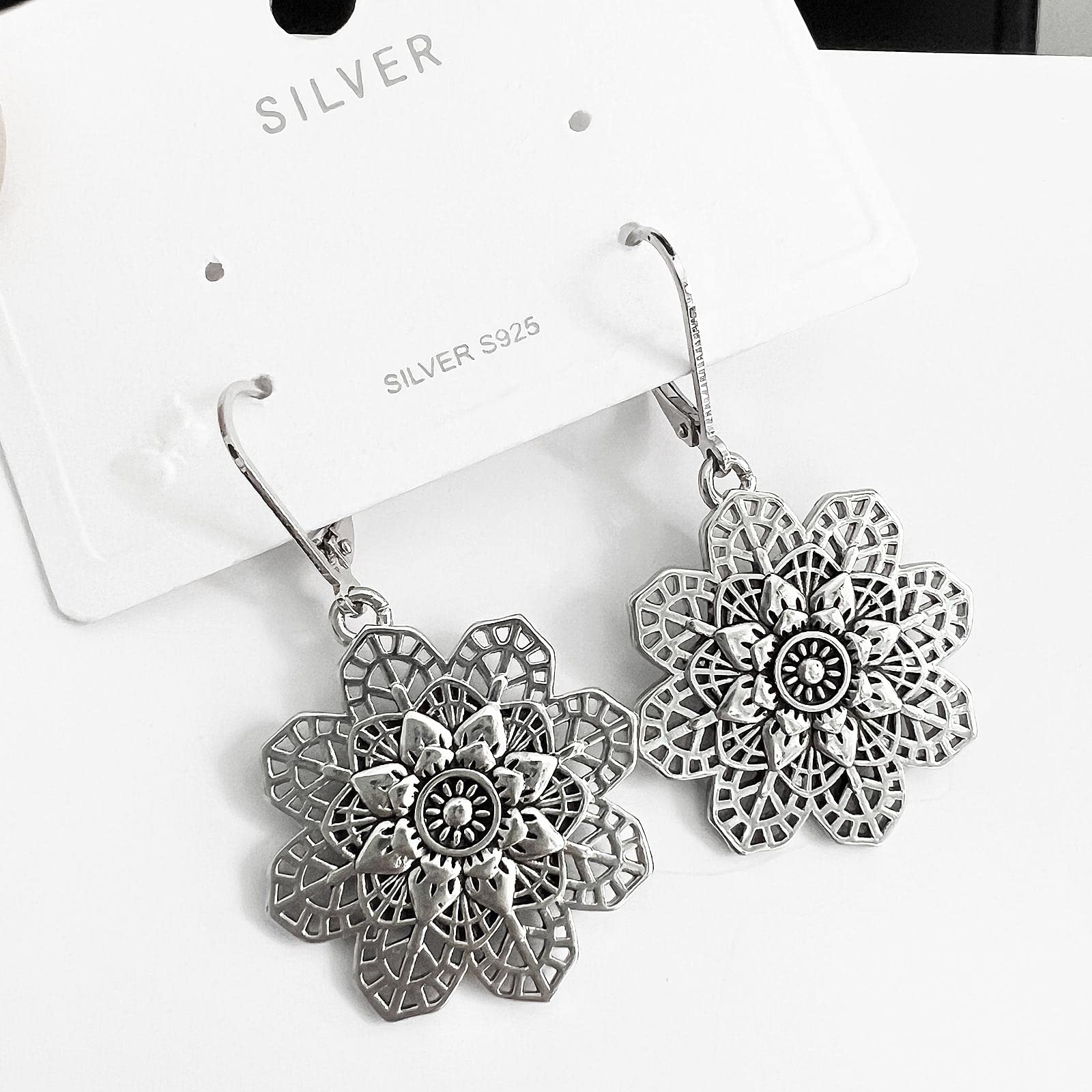 Fiklon Boho Vintage Flower Earrings for Women, 925 Sterling Silver Leverback Hollow Bohemian Dangle Drop Earrings, Mandala Tribal Floral Earring Western Indian Jewelry