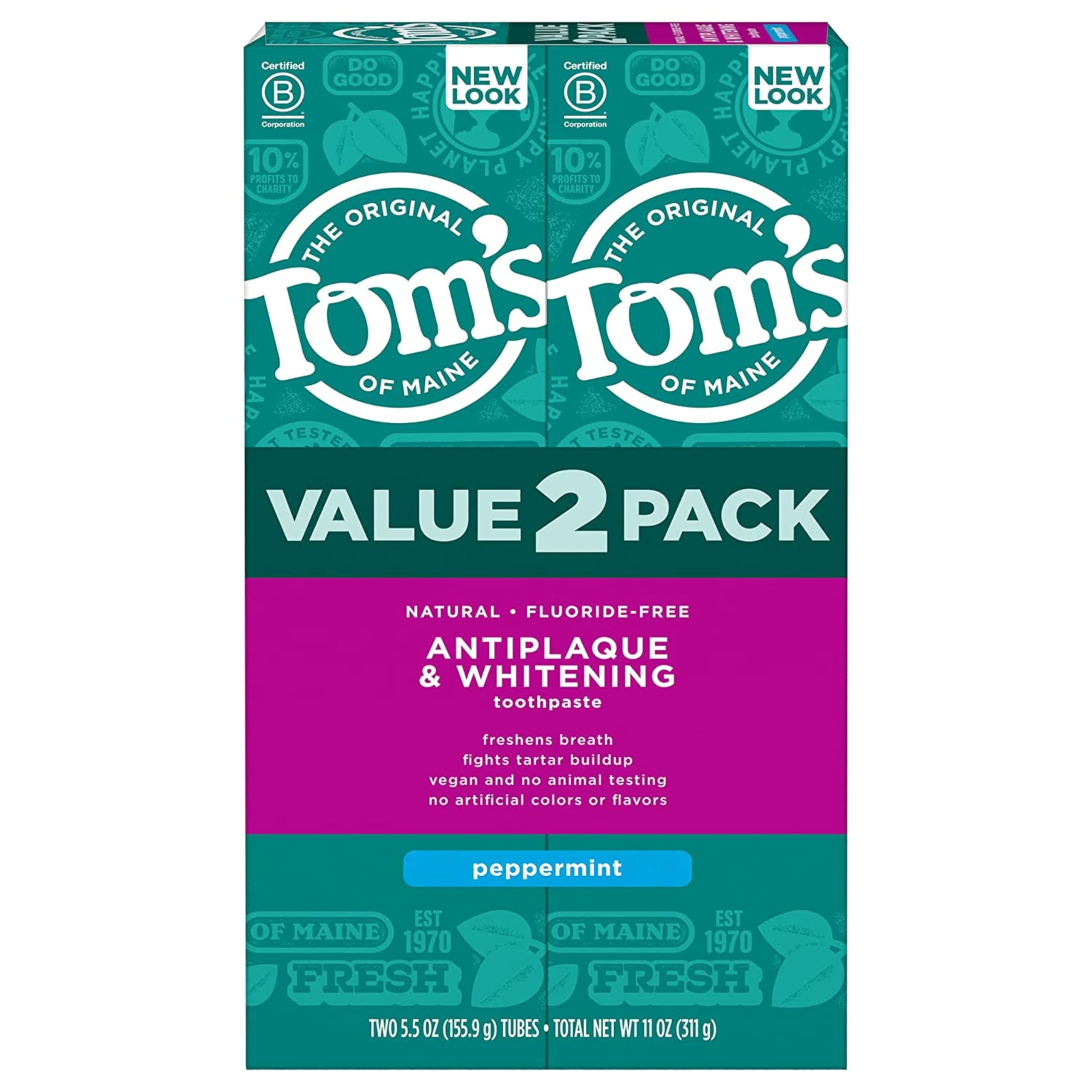 Tom's of Maine Fluoride-Free Antiplaque & Whitening Natural Toothpaste, Peppermint, 5.5 oz. (Pack of 2)