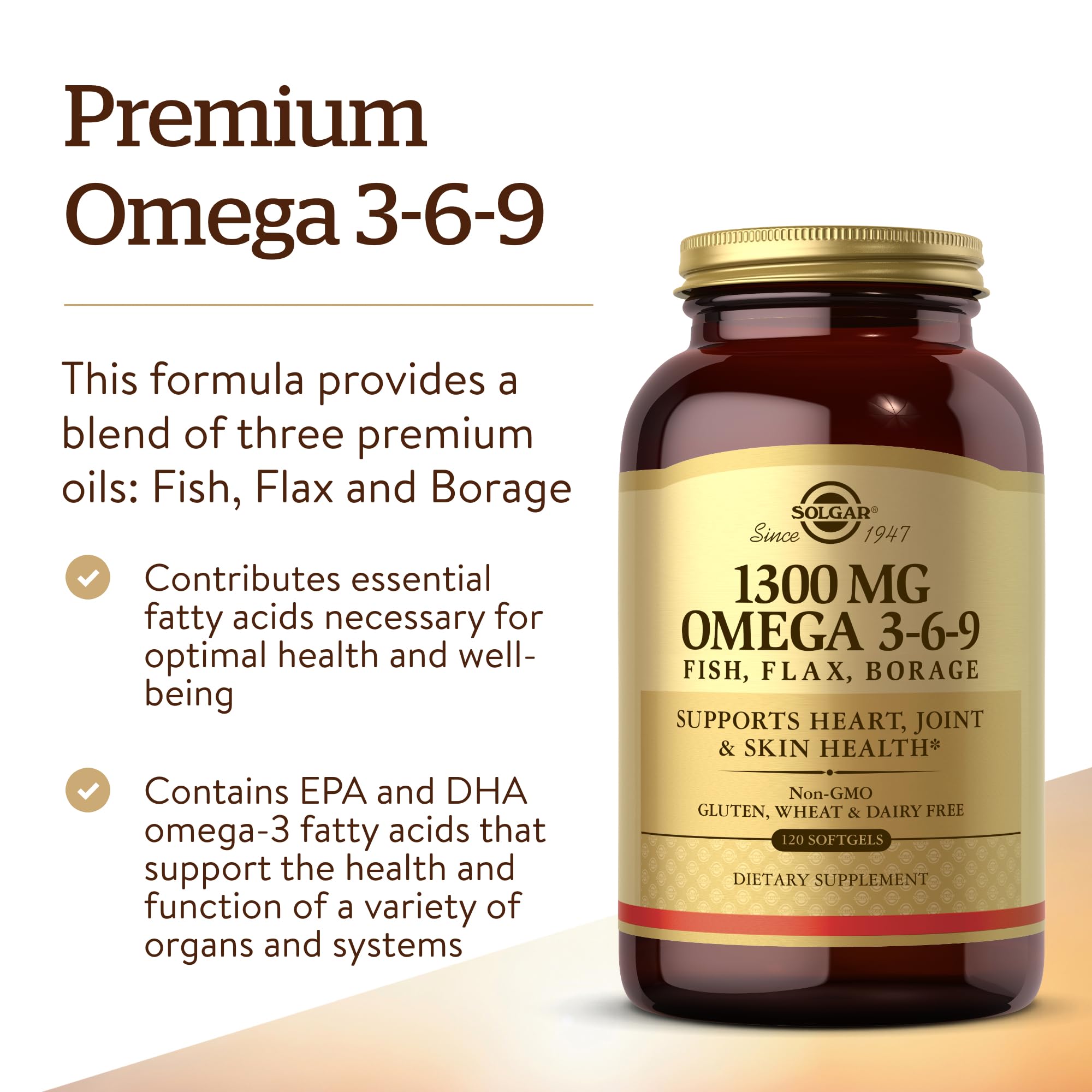 Solgar 1300 mg Omega 3-6-9, 120 Softgels - Fish Oil Supplement - Support for Heart, Joint & Skin Health - Includes Flaxseed & Borage - Contains EPA & DHA - Omega 3 Fatty Acids - 40 Servings