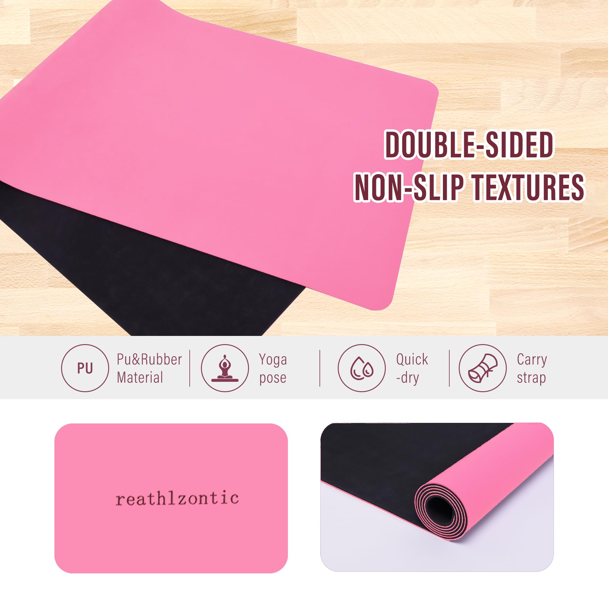 reathlzontic Premium PU Exercise Mat Including Free Yoga Bag Durable Non-slip Yoga Mat for women, Strong Grip Gym Mat and Ultra Sweat Absorption Fit Woman Natural Rubber&PU Yoga Mat