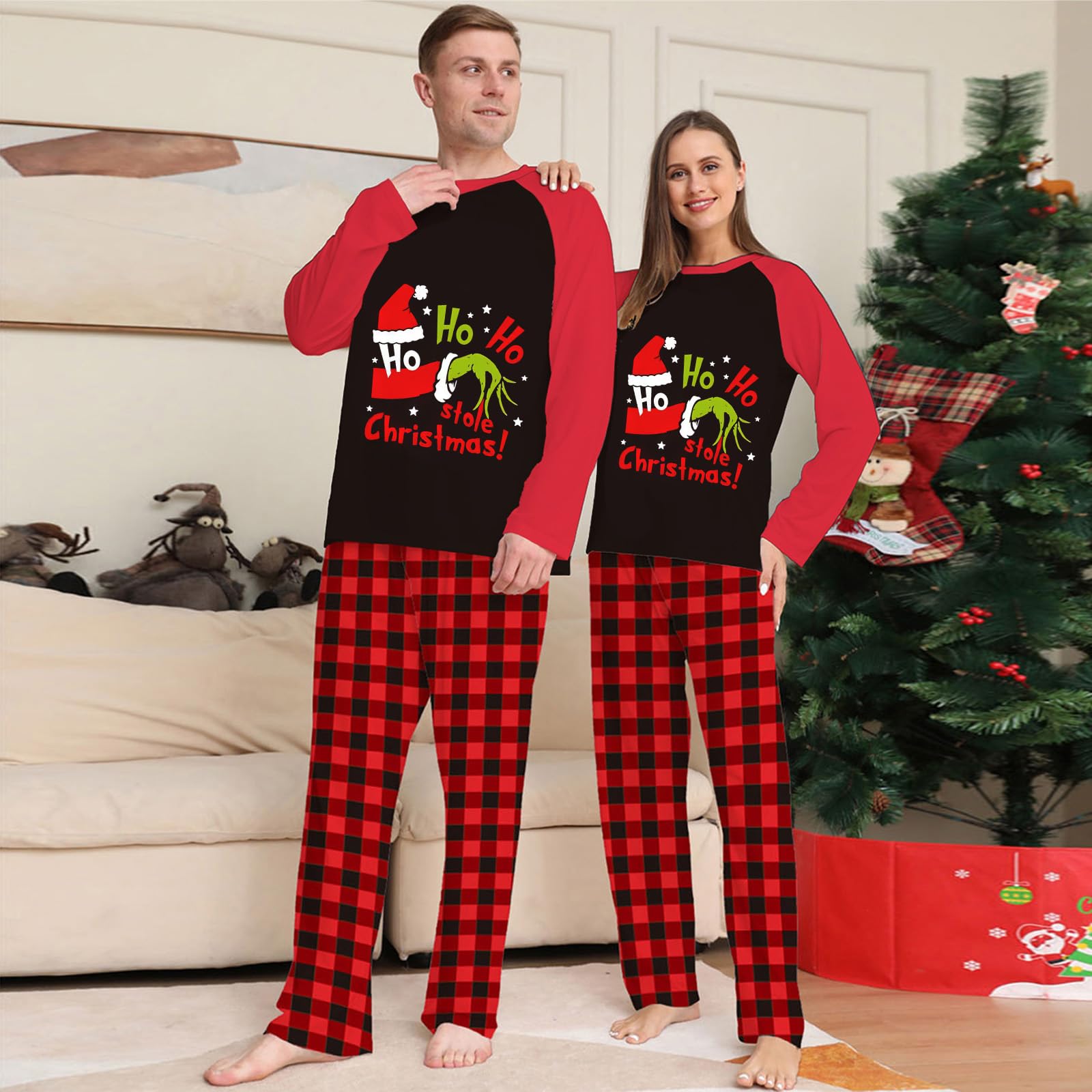 Manooby Matching Christmas Pajamas For Family Xmas Holiday Pjs Funny Elf Plaid Sleepwear Soft Outfit Sets For Women/Men/Couples/Adult 2024,A- HOHO Red,3 M