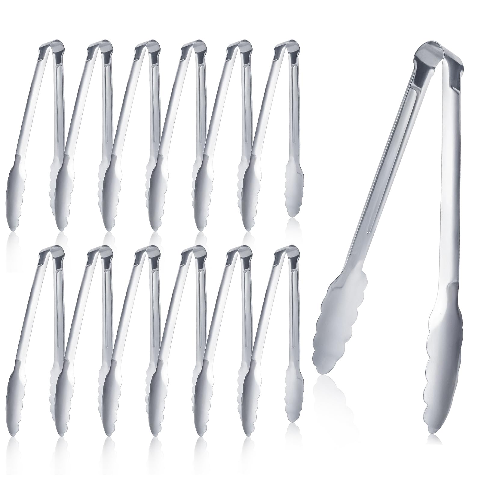 12 Pieces Buffet Tongs 7'' Serving Tongs Heavy Duty Stainless steel Kitchen and BBQ Utility Tong (Silver, 7inch)
