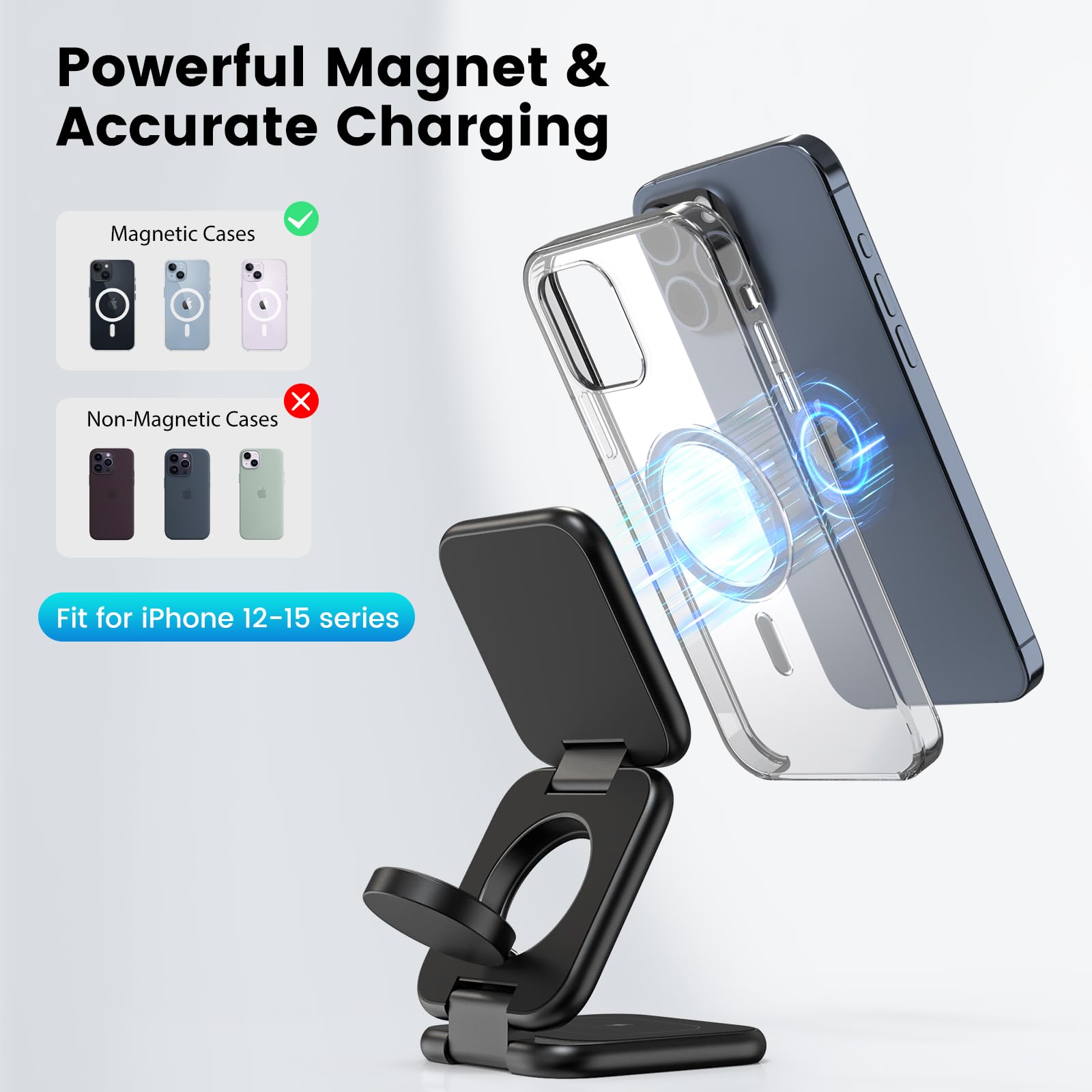 KU XIU X55 Plus 3 in 1 Charging Station for Apple Devices, Magnetic Foldable Wireless Charger 15W Fast Charging Pad for iPhone 16/15/14/13/12, for Apple Watch, for AirPods 3/2/Pro- Black