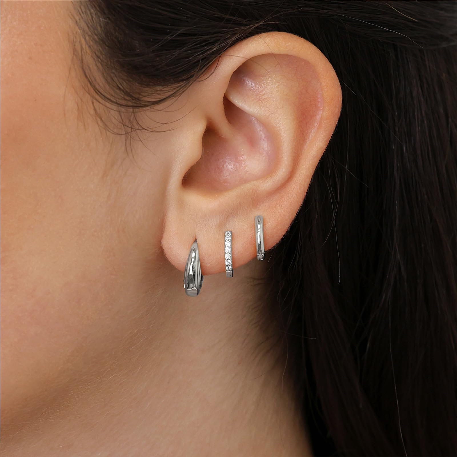 Poxtex Small Sterling Silver Hoop Huggie Earrings Set for Women, Small Chunky Cubic Zircon Earrings for Multiple Piercing Hypoallergenic Trendy Jewelry, Dainty Cartilage Earrings for Teen Girls Gifts 3 Pairs