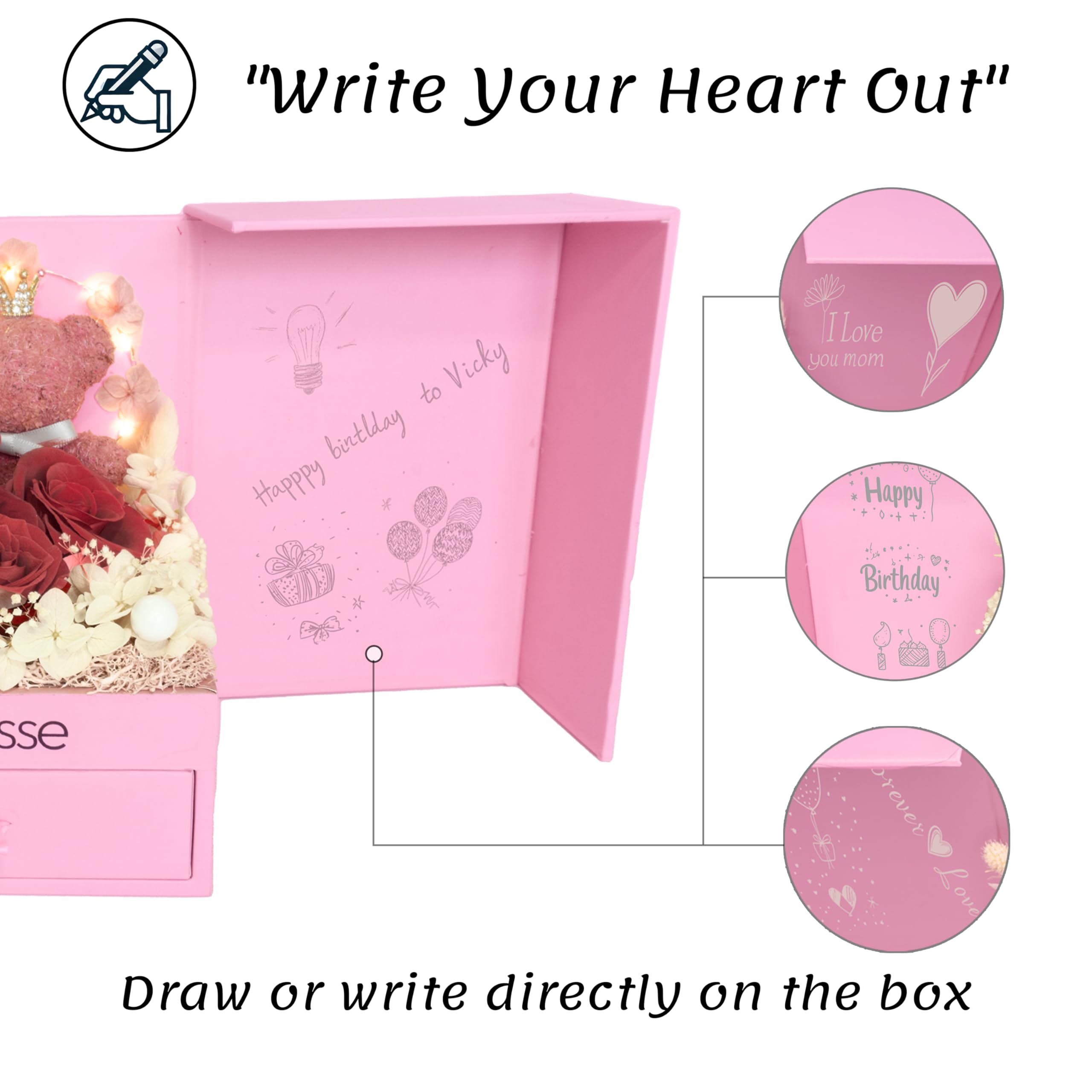Dual Lights Preserved Forever Real Red Rose Gift for Women, Mom Wife Grandma Girlfriend on Birthday, Anniversary, Christmas, New Year, Forever Flowers with Crown Bear and I Love You necklace, Pink