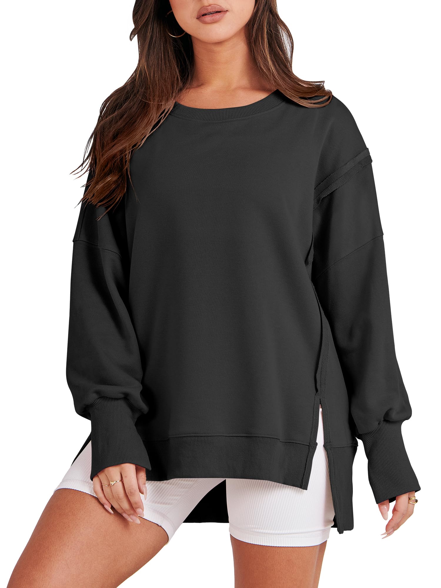 ANRABESS Women's Oversized Sweatshirt Crew Neck Long Sleeve Casual Slit Pullover Top Fall 2024 Teen Girl Preppy Clothes Black XXL