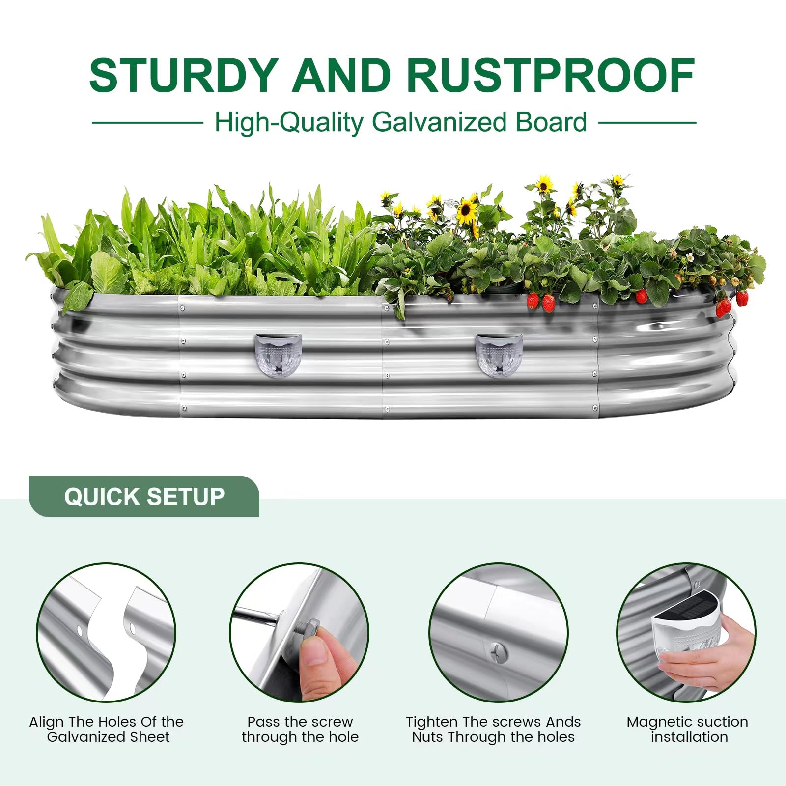 Land Guard Galvanized Raised Garden Beds Outdoor with 2 Magnetic Solar-Powered Lights(Grey), Metal Planter Raised Beds, 4×2×1Ft Metal Raised Garden Beds for Gardening, Vegetables, Flowers