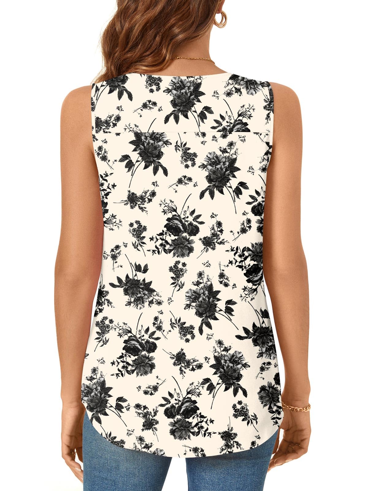 Bestbee Women's Summer Dressy Chiffon Blouses Crew Neck Sleeveless Tunic Tops Office Cute Work Shirts Casual Tank Tops, L, Black Floral Beige