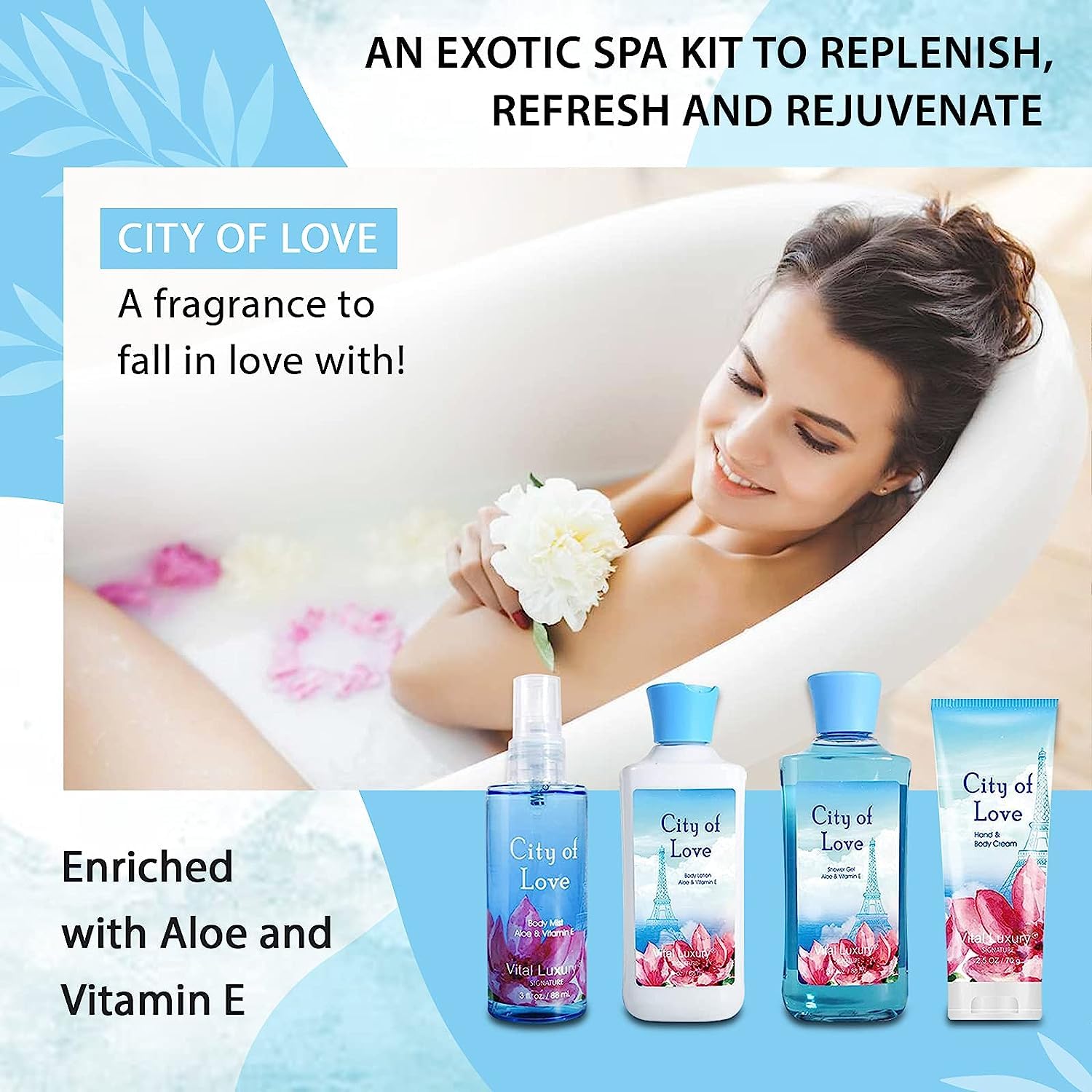 Vital Luxury Bath & Body Kit - Body Lotion, Shower Gel, Body Cream, and Fragrance Mist, 3 Fl Oz each, City of Love, Skincare Gift Home Spa Set for Birthday Christmas New Year Gifts