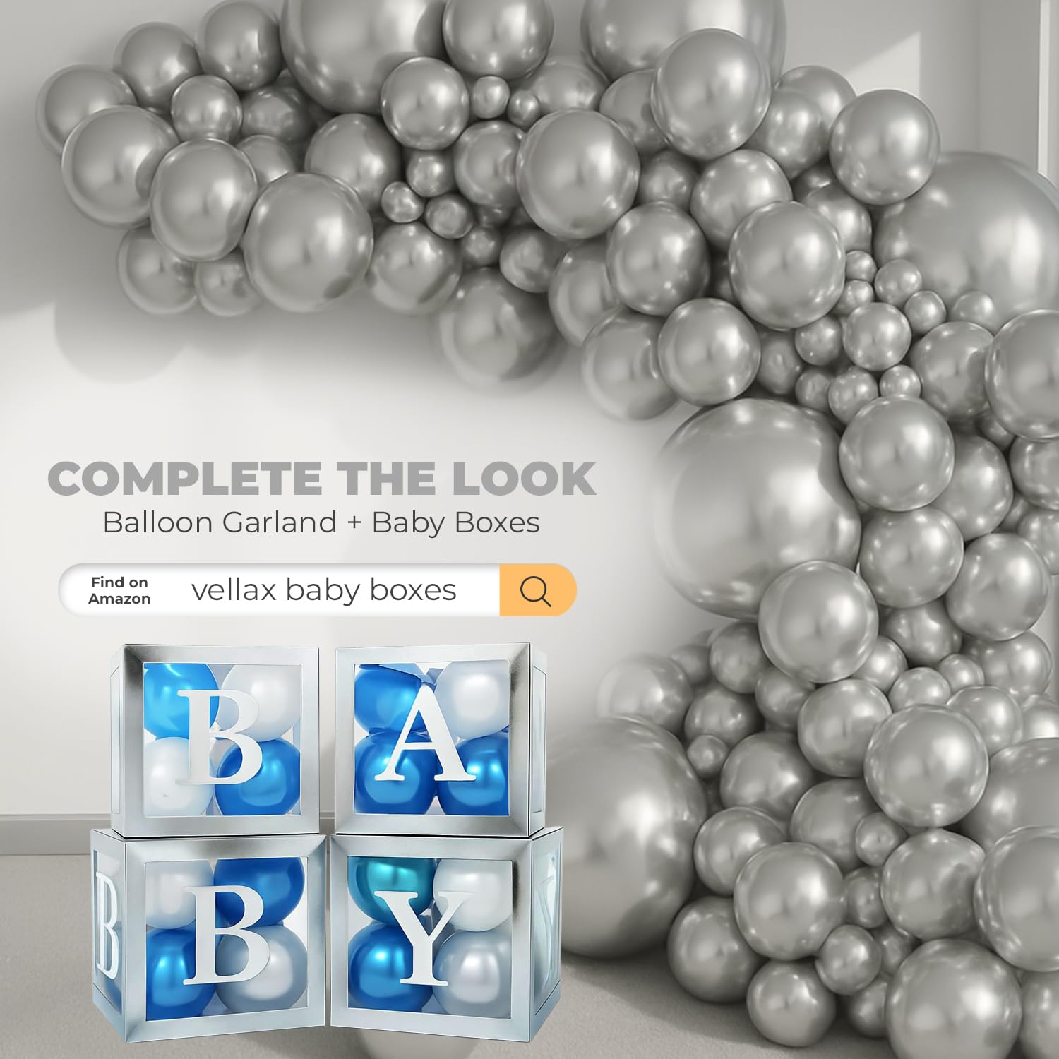 Balloon Garland Arch Kit – 146 Pcs Metallic Silver Balloons & Baby Shower Boxes with Letters – Pink And Blue Boxes with Pink & Blue Balloons