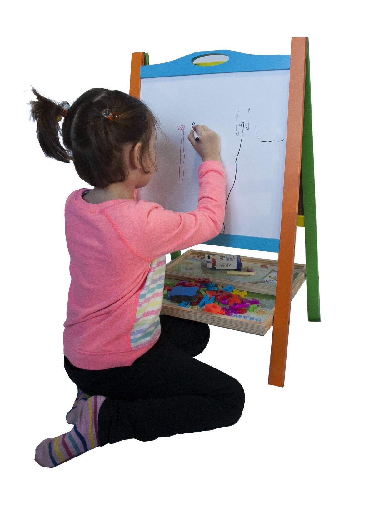 Double Sided Wooden Art Easel for Kids Standing Magnetic Whiteboard Chalkboard Small Toddler Toys. Includes Wooden ABC Numbers. Eco Friendly