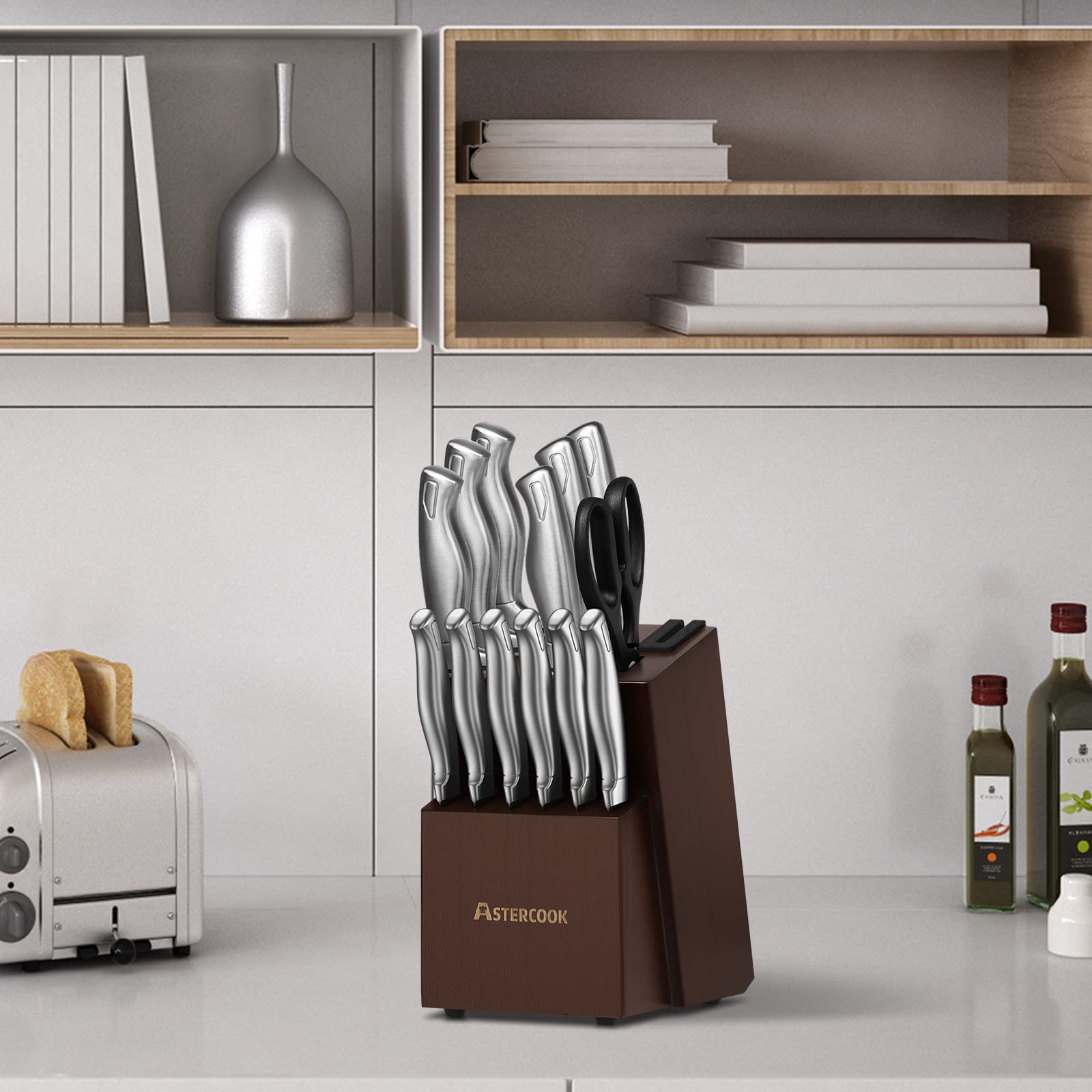 Astercook Knife Set, 15-Piece Kitchen Knife Set with Block, Built-in Knife Sharpener, German Stainless Steel Knife Block Set, Dishwasher Safe