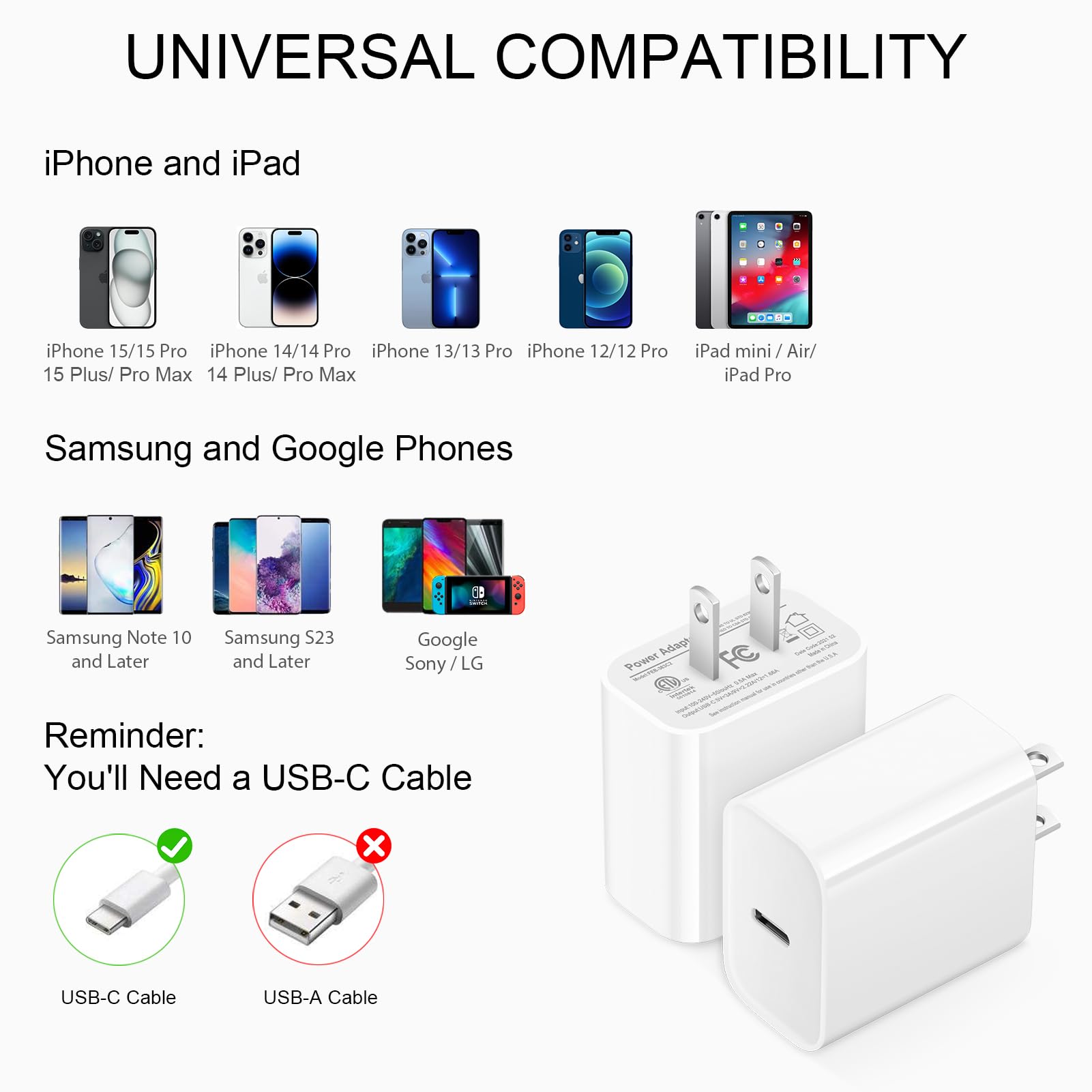 USB C Wall Charger for iPhone 15 Charger Block 20W PD Power Adapter Compatible iPhone 15/15Pro/15Pro Max/15Plus/14/13/12/11, iPad, Google Pixel, Samsung Galaxy and More