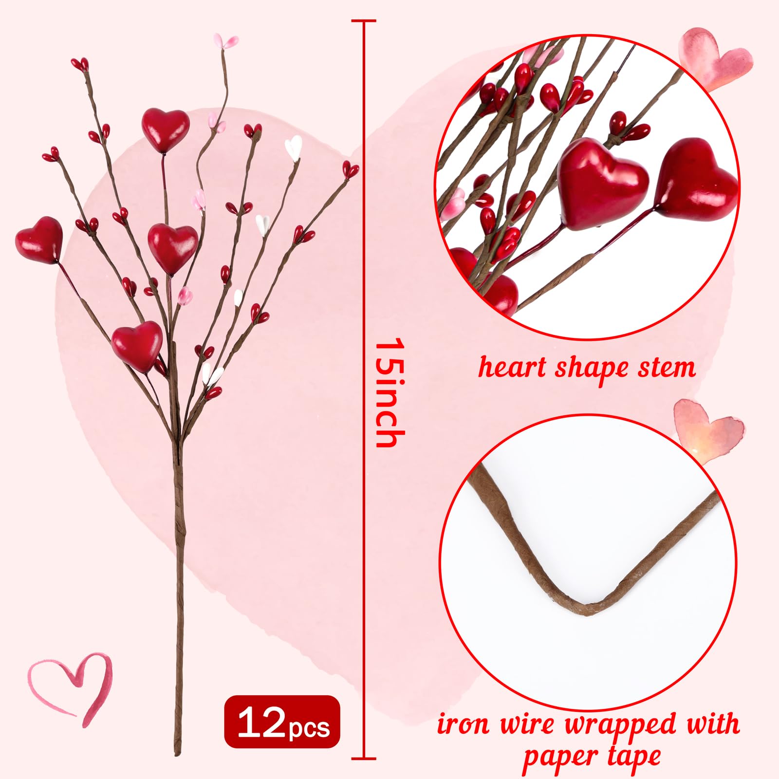 12PCS Valentines Day Decorations Artificial Flowers Picks Decor - Berry Stems with Red Heart Gifts for The Home Table Centerpieces(Style 1)