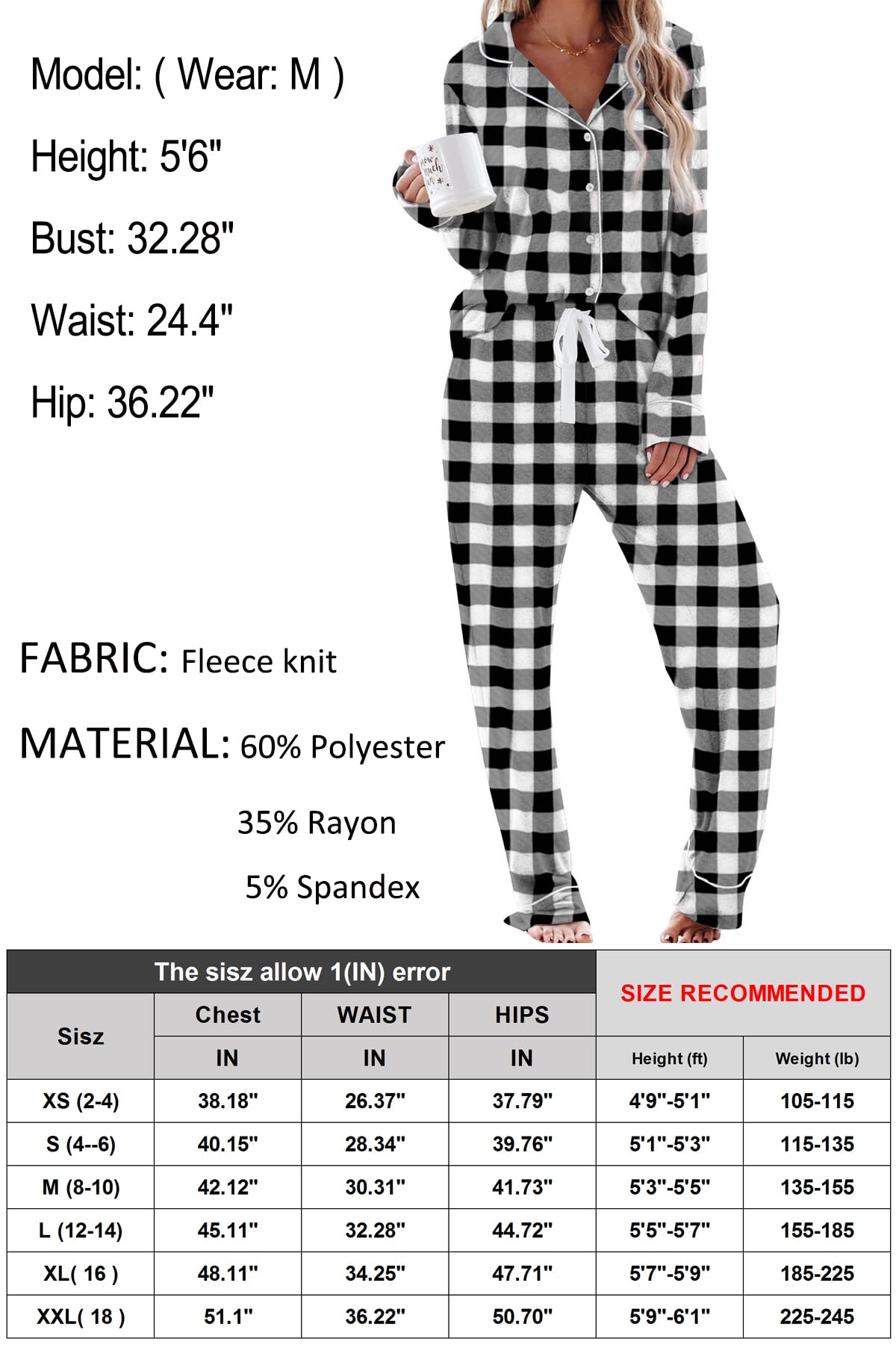 Aamikast Pajama Sets for Women Soft Button Up Christmas Pjs Matching Sets (Plaid Black L)