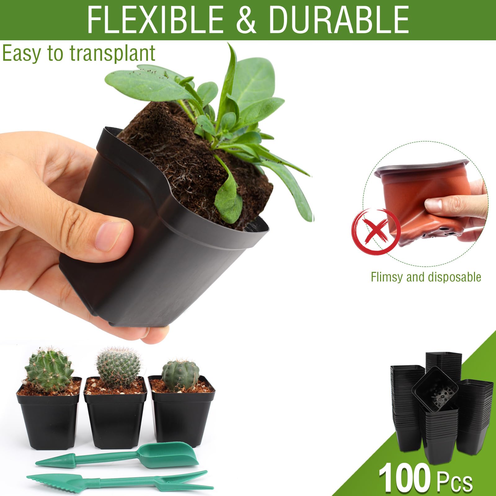 100Pcs Square Nursery Pots 2.6 Inch Flexible Plastic Seedling Pots Small Plant Pots Thick Seed Starter Pots for Plants, Succulent, Flower with 60Pcs Plant Labels