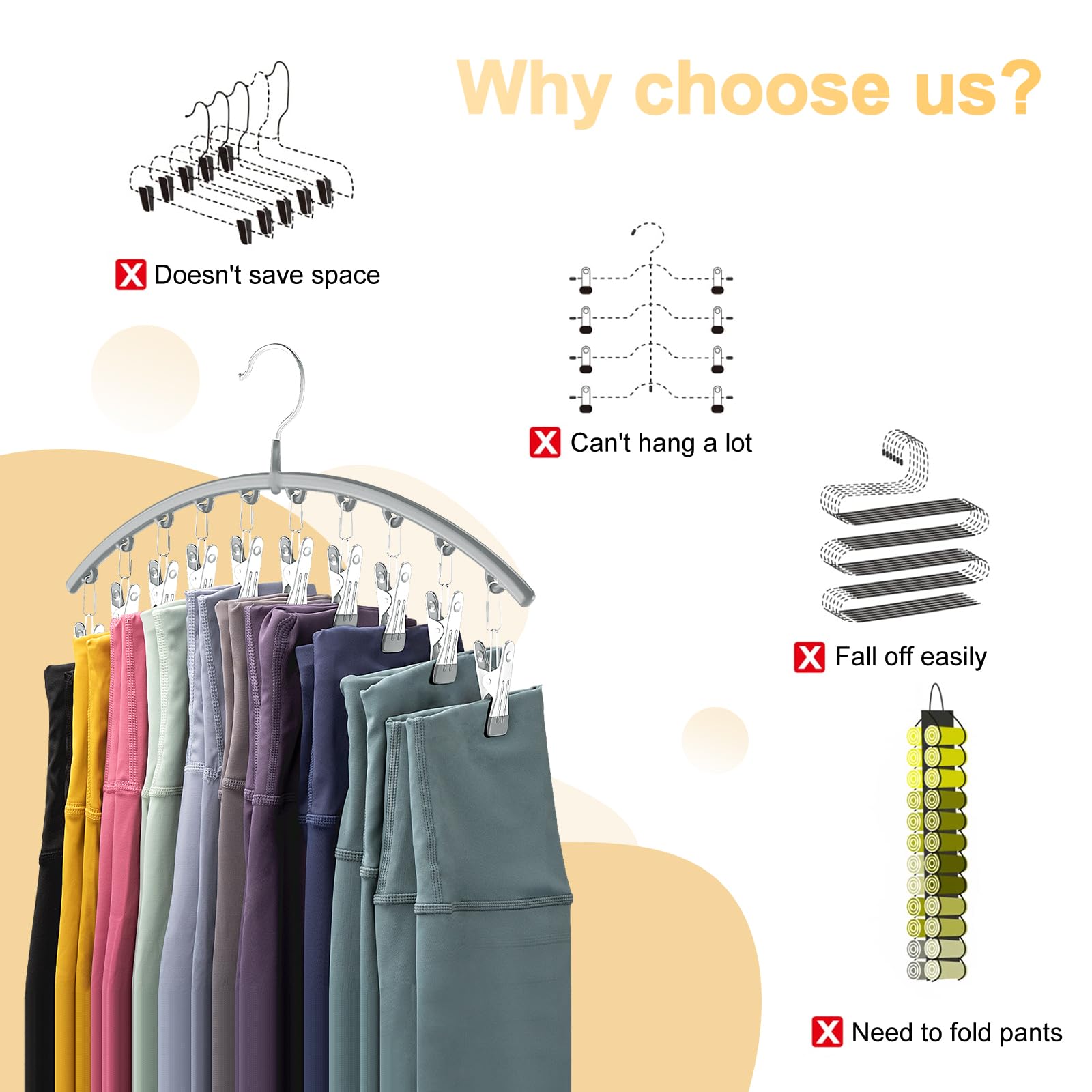 Volnamal Legging Organizer for Closet, Metal Yoga Pants Hanger w/Rubber Coated 2 Pack w/10 Clips Hold 20 Leggings, Hangers Space Saving Hanging Closet Organizer for Closet Organizers and Storage-Grey