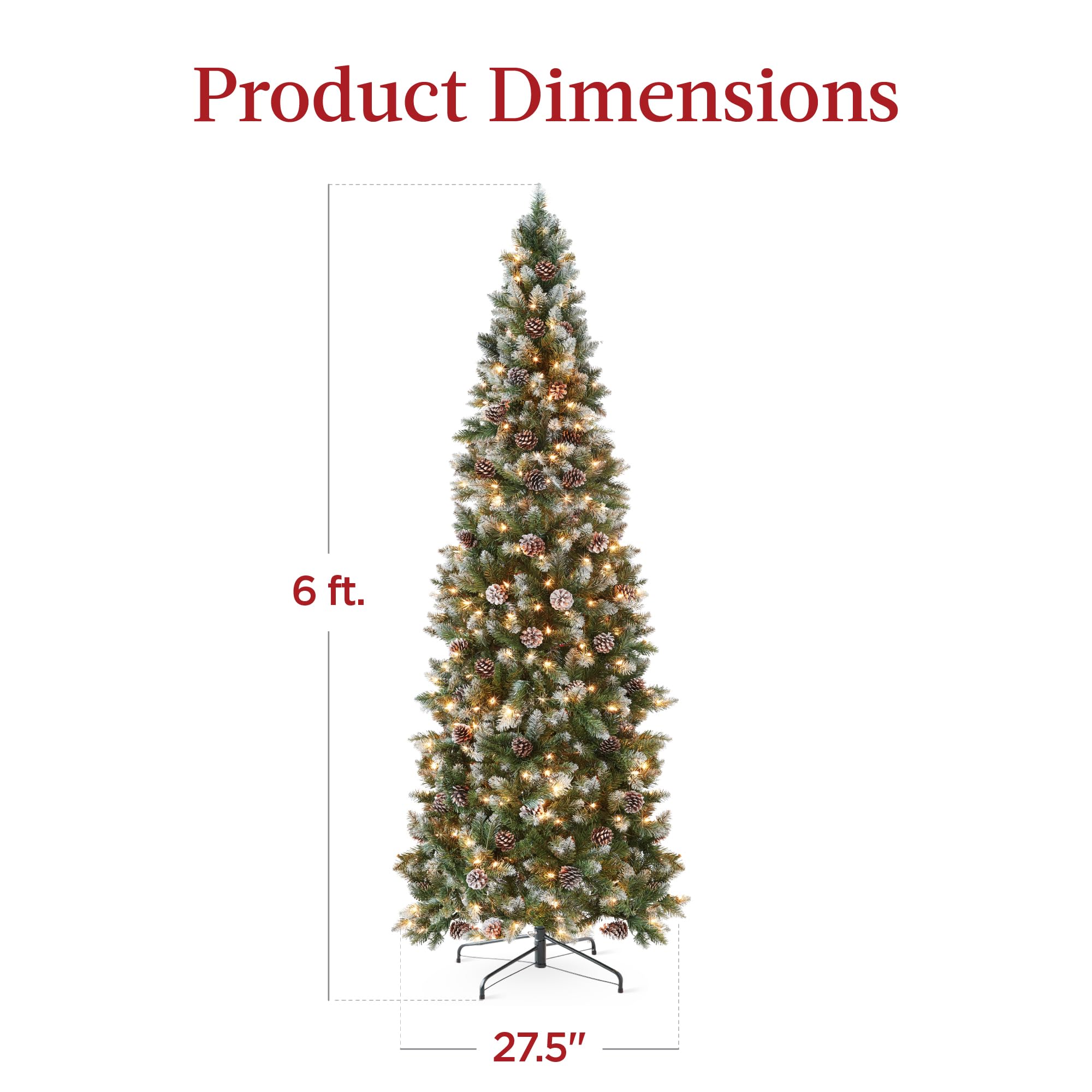 Best Choice Products 6ft Pre-lit Pencil Christmas Tree, Partially Flocked & Frosted Slim Holiday Tree Decoration, Skinny Xmas Tree, 250 Lights, 618 Frosted Tips, 50 Pine Cones, Foldable Stand