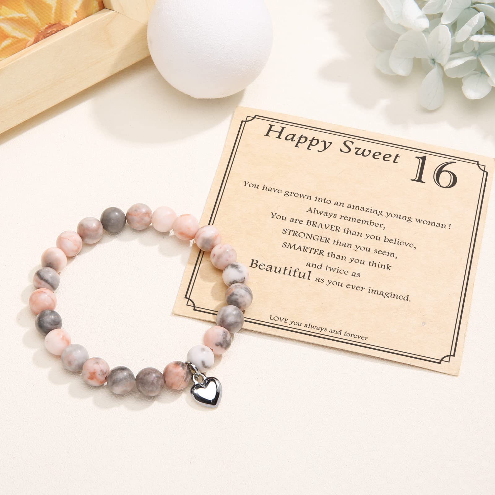 Jewelry&Card Sweet 16 Year Old for Girls, Natural Stone Bracelet 16th Birthday for Daughter Granddaughter Niece Friend Sister