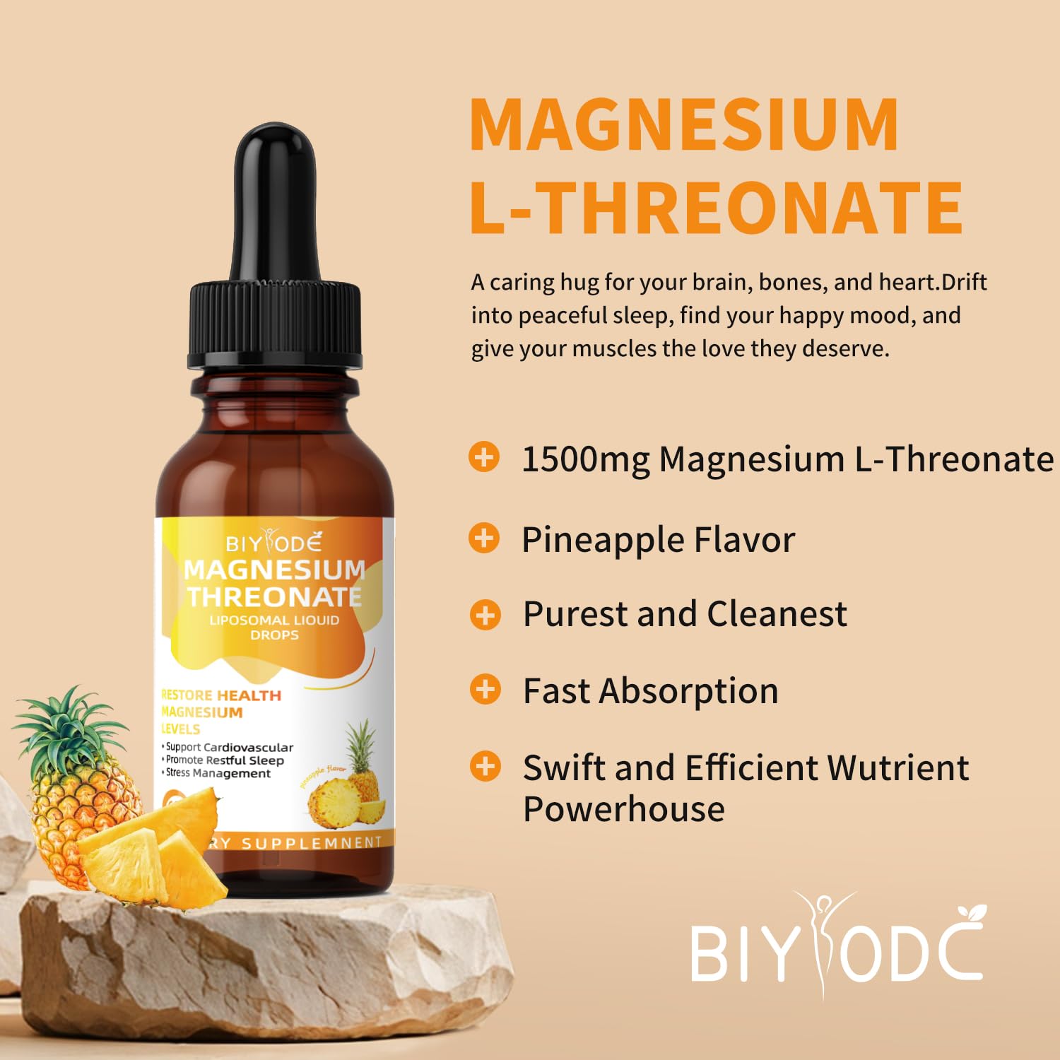 Magnesium L-Threonate Liquid Drops Restore Health Magnesium Levels Support Cardiovascular Promote Restful Sleep Stress Management 60ml Net Wt Pineapple Flavor