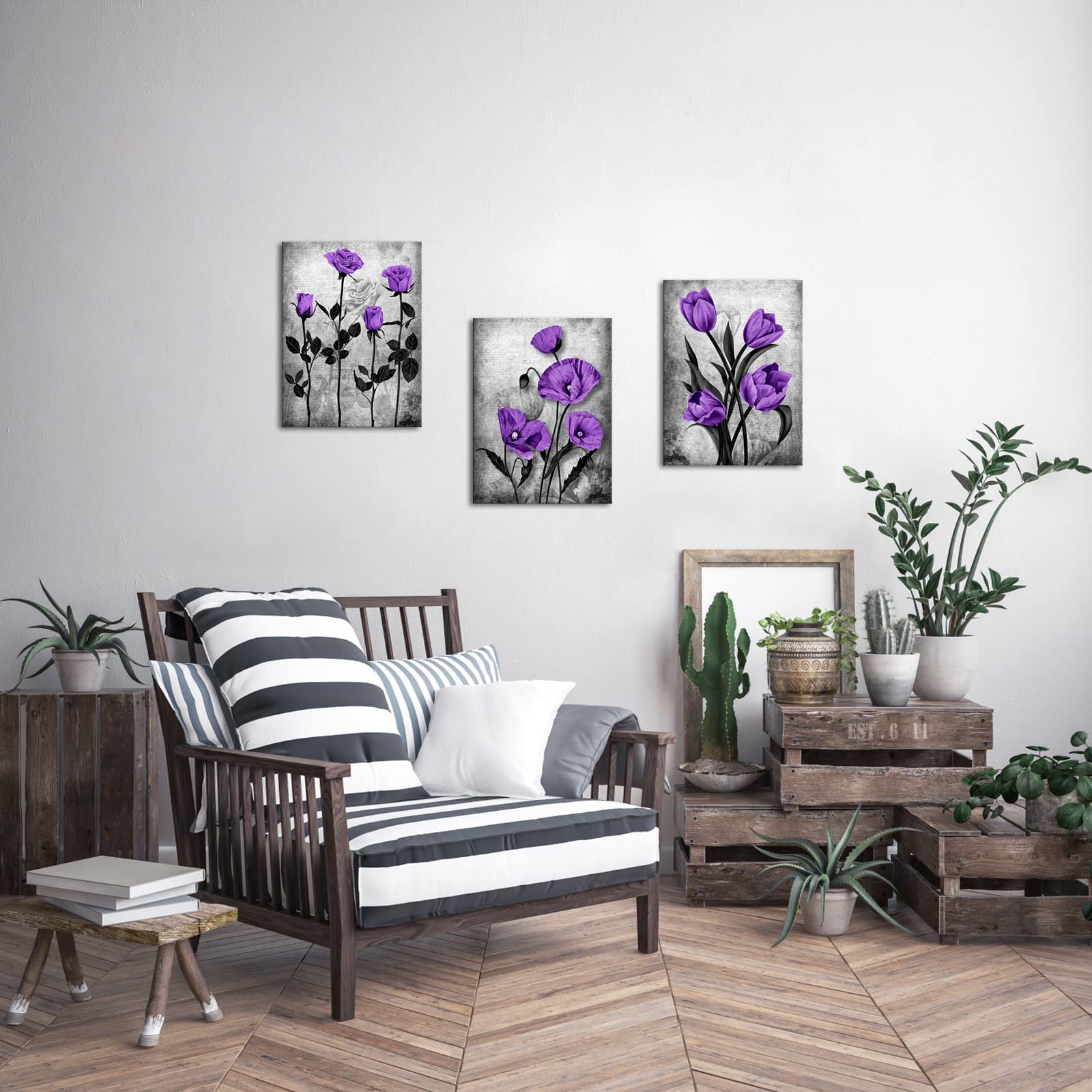 DuoBaorom Purple Grey Rose Painting Poppy Wall Art Tulip Floral Cnvas Print Bedroom Decor Flower Set of 3 Panel