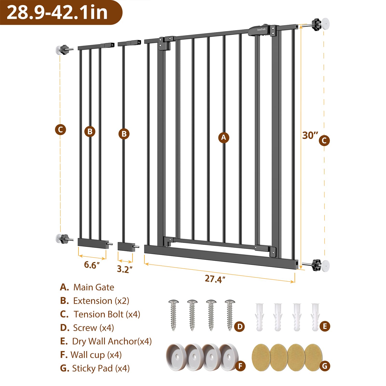 Mom's Choice Award-InnoTruth Dog Gate for Stairs, 28.9-42.1" Wide Baby Gate Indoor for Doorways, 30" Tall Pet Gate for Dogs Easy Walk Thru One Hand Opeing Dual Lock, Pressure Mount Easy Install, Black