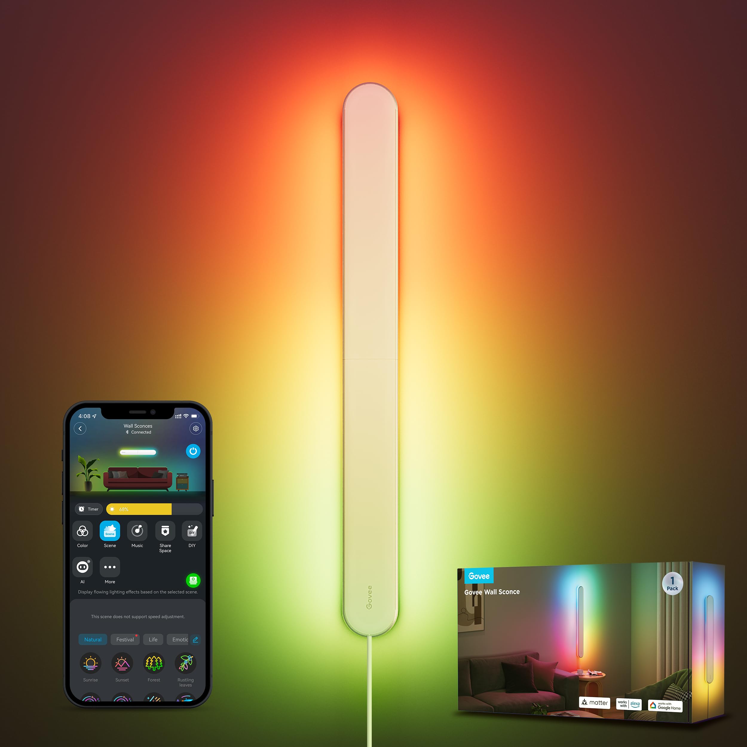 Govee Wall Sconce, Smart RGBIC Wall Lights, Works with Matter & Alexa, Music Sync, Wall Mount Light Plug in, Color Changing, Modern Room Light for Living Room Bedroom Gaming Room Hallway, 1 Pack