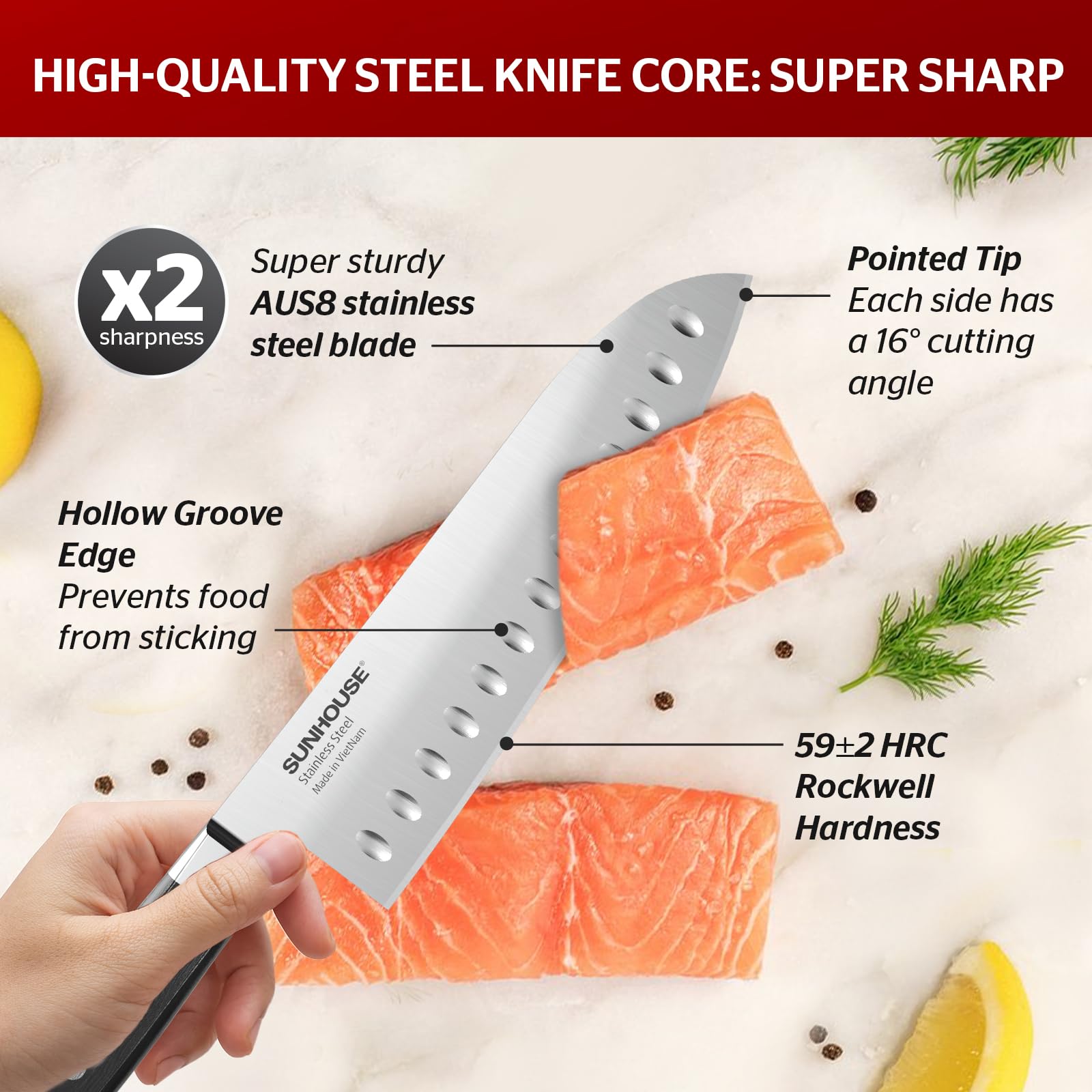 Sunhouse Santoku Knife 7 inch, AUS-8 Stainless Steel – Superior 59HRC Hardness, Razor Sharp Blade, Full Tang, Ergonomic Handle, Perfect Gifts for Mom or Dad, Premium Gifts Box