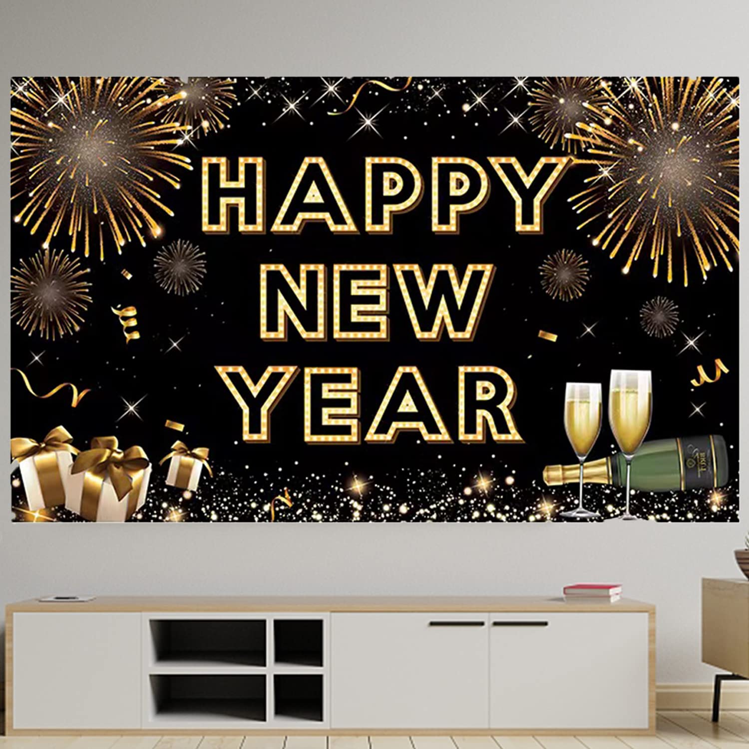 Happy New Year Banner for 2025 Party Decoration, Blackgold New Year Eve Banner Photo Backdrop Party Supplies (HAPPY NEW YEAR)