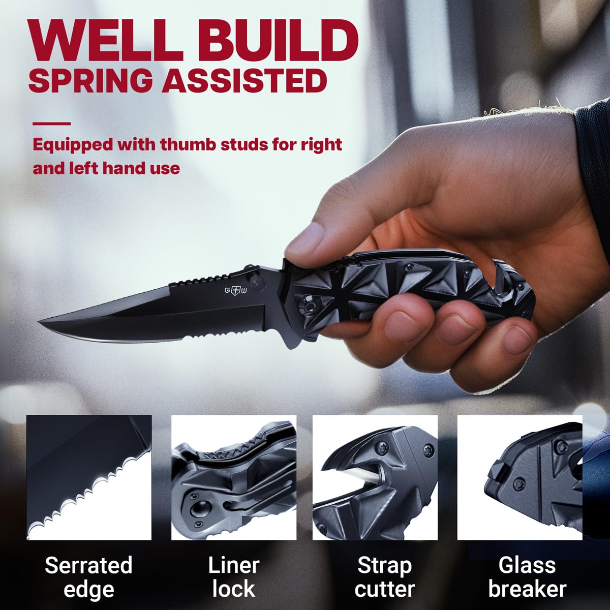 GOOD WORKER Pocket Knife - Serrated Sharp 3.5" Blade - Spring Assisted Tactical Knife with Wire Cutter Glass Breaker - Cool Black Folding Knives for Camping EDC - Gifts for Men HB 207