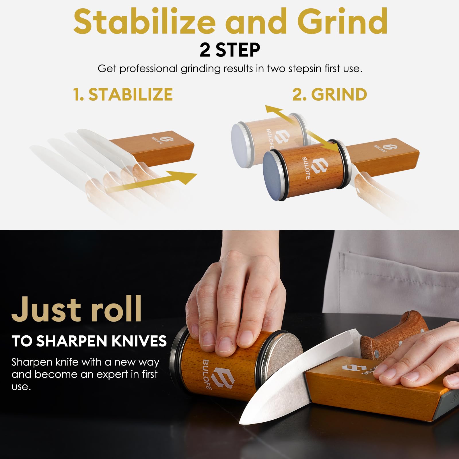 Knife Sharpener Tool, Rolling Knife Sharpeners Kit, Kitchen Knivies Sharpener with Diamond and Ceramic for Steel, Knife Sharpening with 15 & 20°, Angle Base for Kitchen Knives