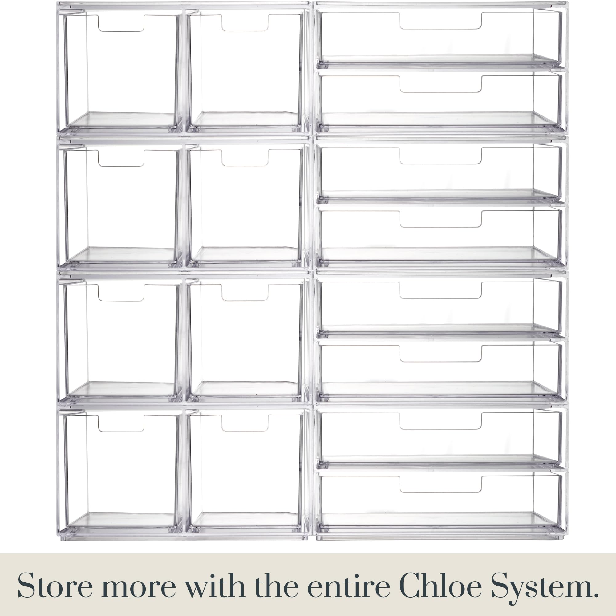 STORi Chloe Stackable Clear Makeup Holder and Double Organizer Drawer Set | Organize Cosmetics and Beauty Supplies | Made in USA