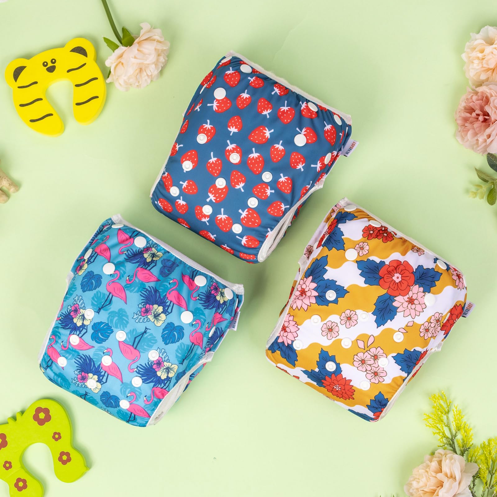 ALVABABY 3 Pack Large Swim Diapers, Baby/Toddler/Infant Snap Adjustable Reusable Swimming Diaper Baby Gift for Boy and Girl 3ZSWY40