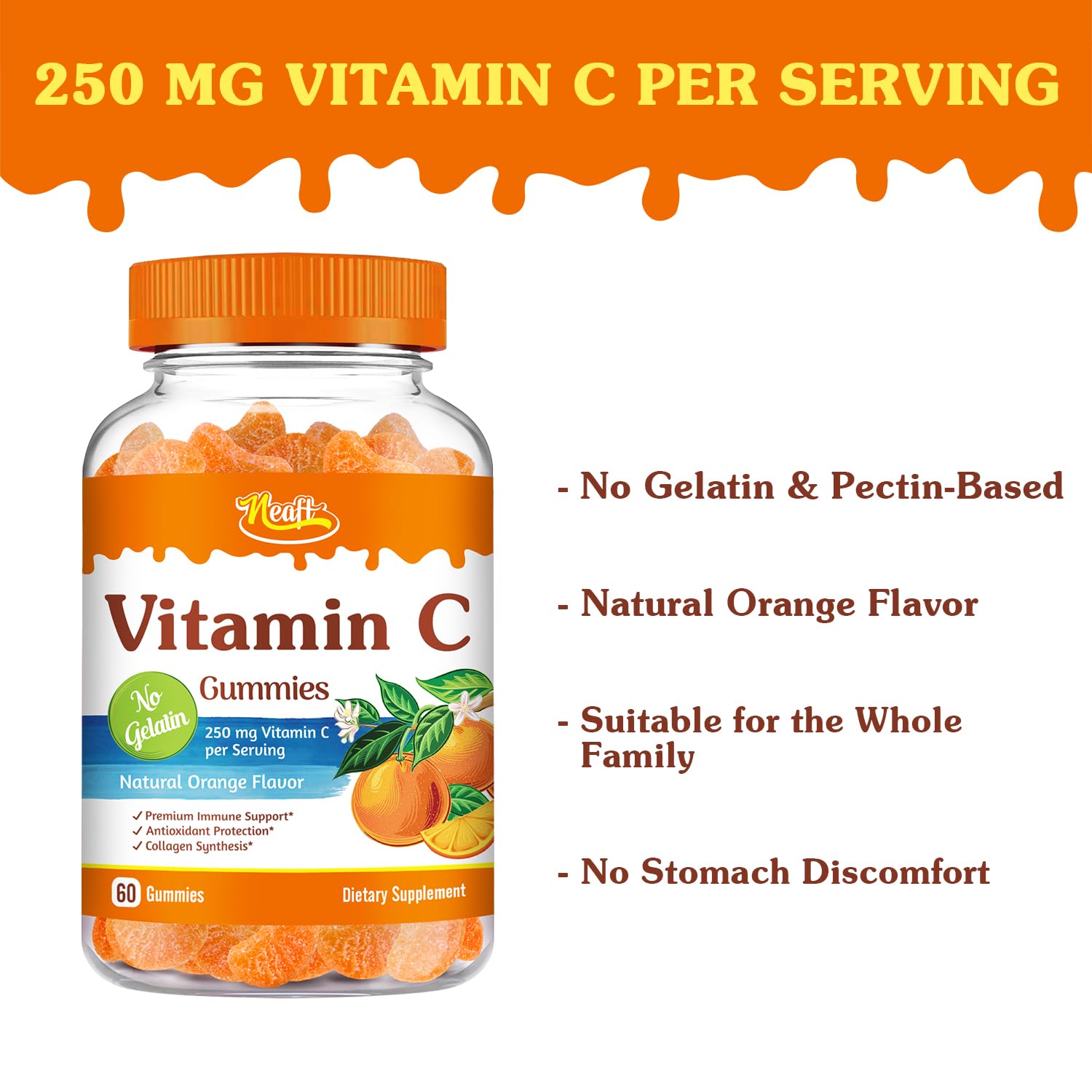 Neaft Vitamin C Gummies 250 mg, Immune & Antioxidant Support, Collagen Synthesis, for Men, Women and Children, Natural Orange Flavor, Pectin-Based, Vegan, 60 Gummies